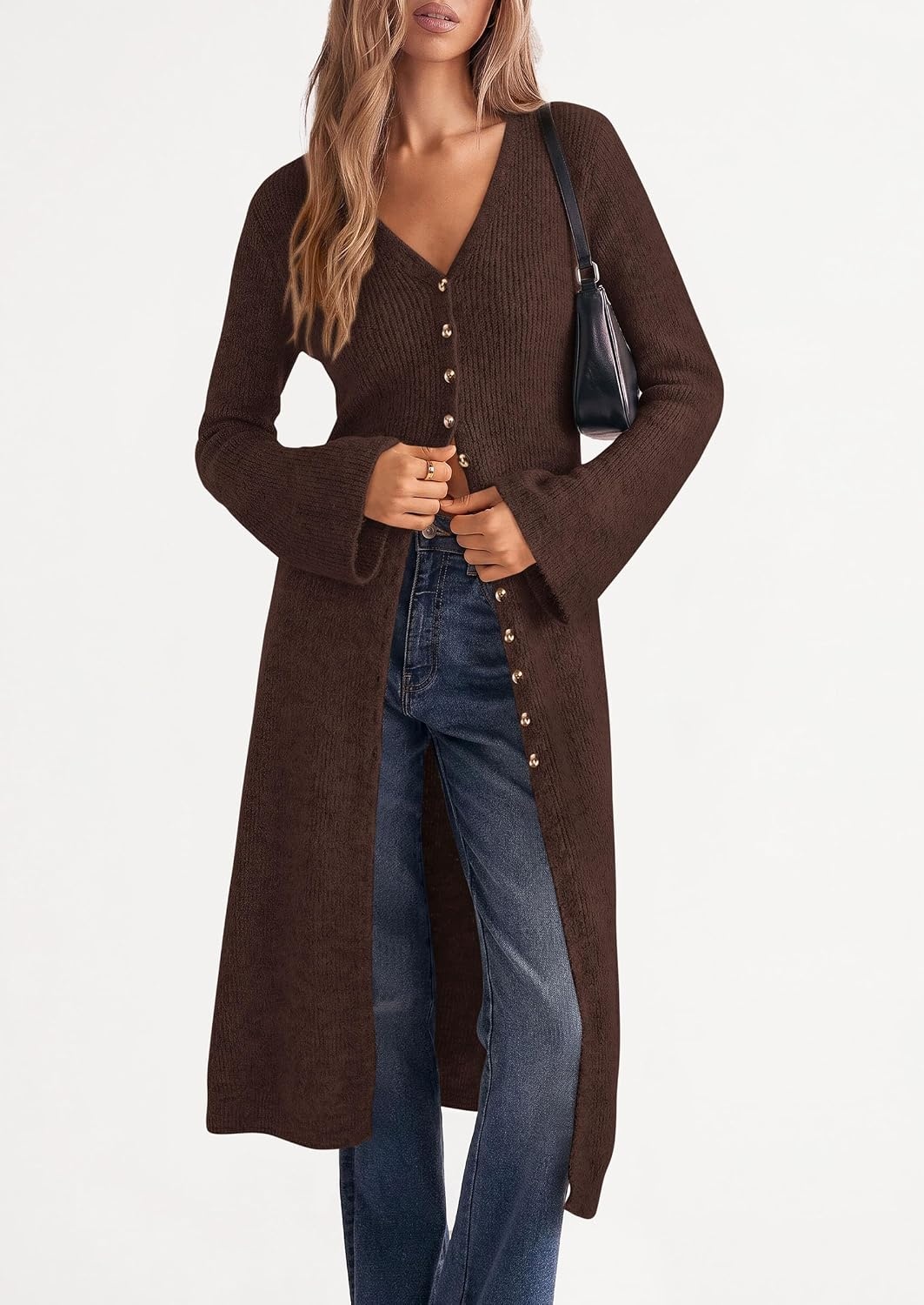 image:imagePRETTYGARDEN Women Long Cardigan Bell Sleeve Sweater DressBrown