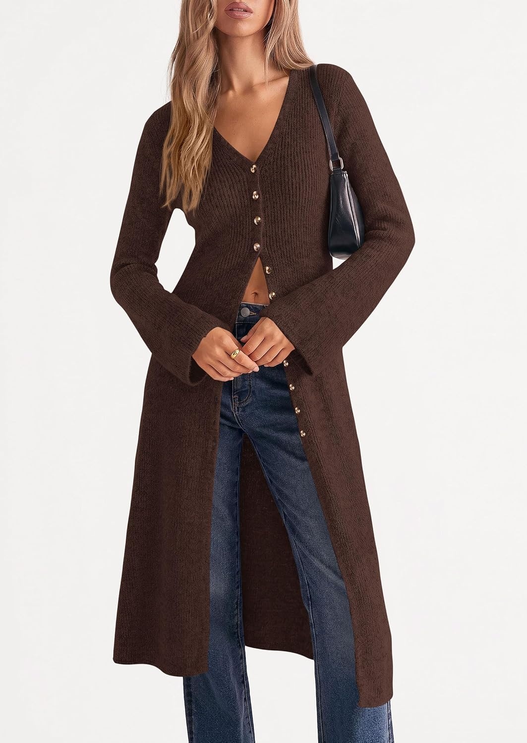image:imagePRETTYGARDEN Women Long Cardigan Bell Sleeve Sweater DressBrown
