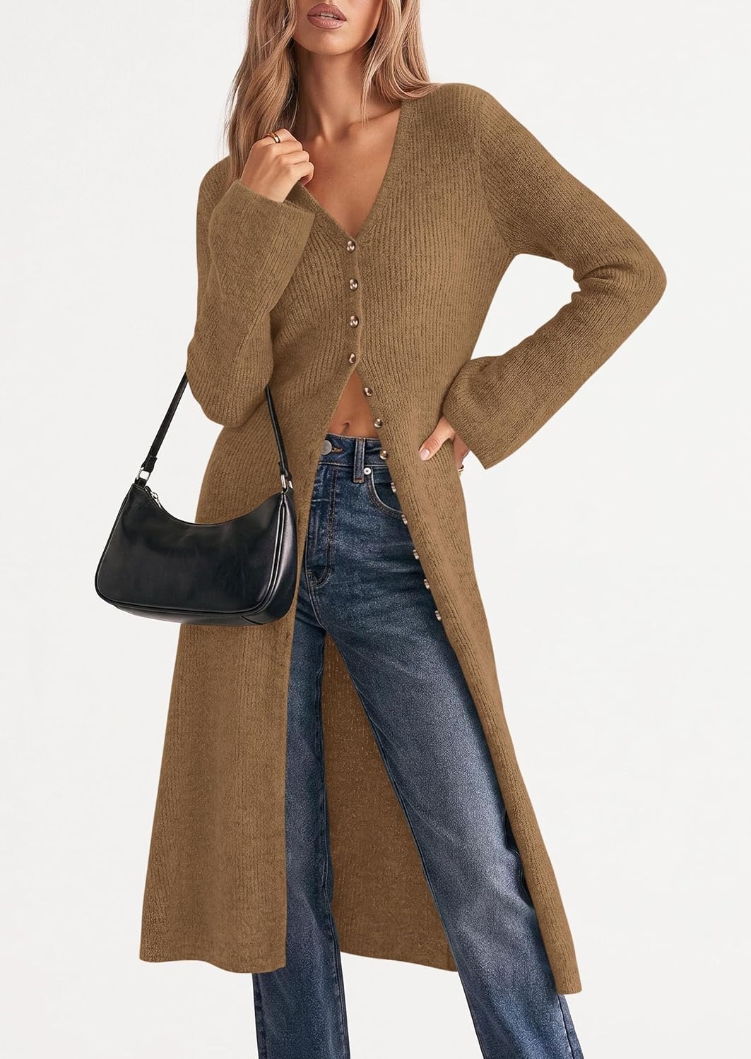 image:imagePRETTYGARDEN Women Long Cardigan Bell Sleeve Sweater DressDark Khaki