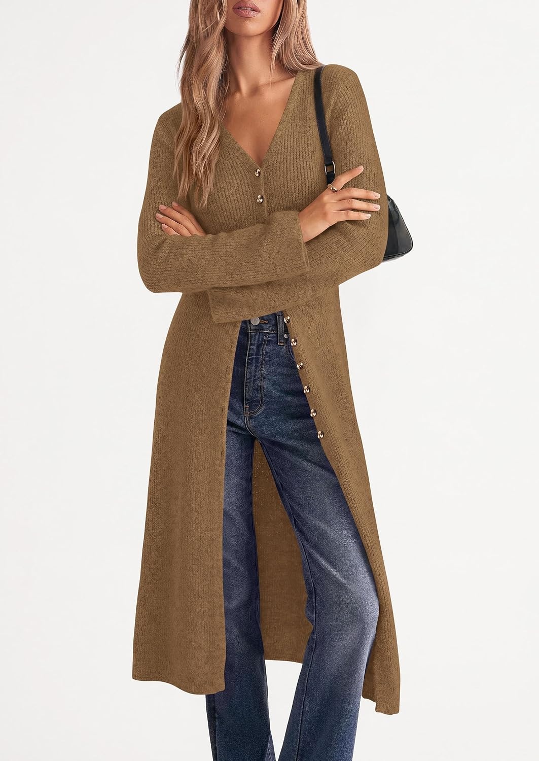 image:imagePRETTYGARDEN Women Long Cardigan Bell Sleeve Sweater DressDark Khaki