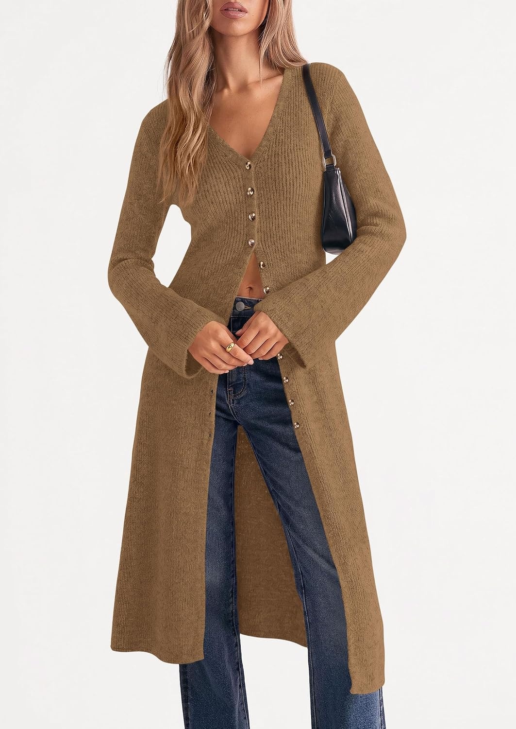 image:imagePRETTYGARDEN Women Long Cardigan Bell Sleeve Sweater DressDark Khaki
