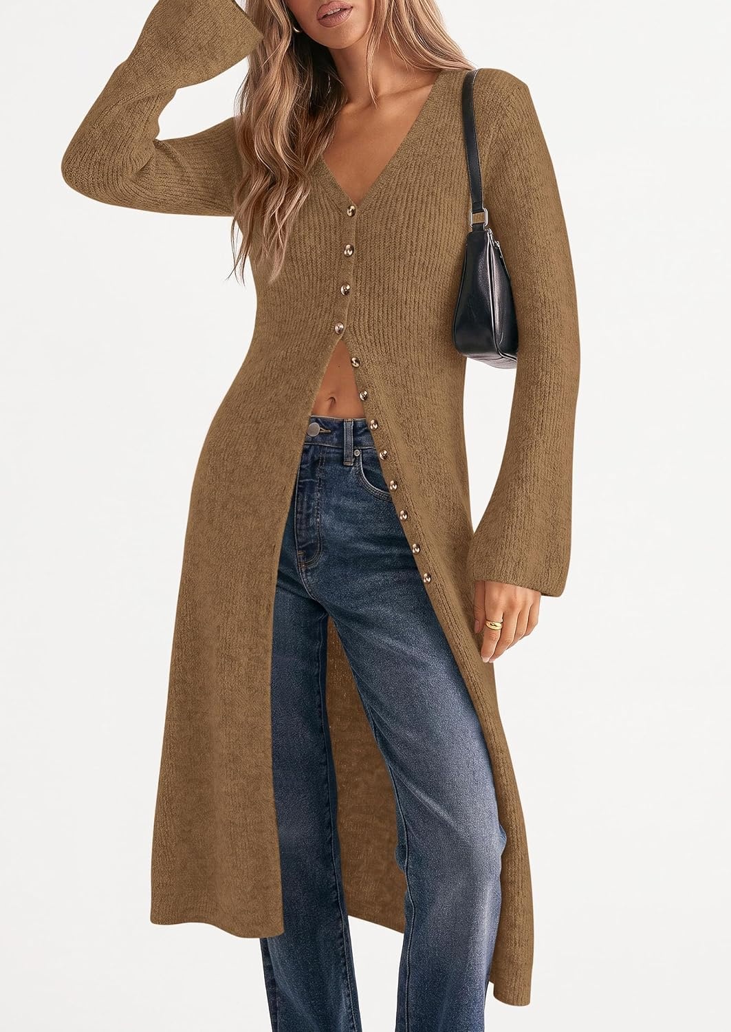 image:imagePRETTYGARDEN Women Long Cardigan Bell Sleeve Sweater DressDark Khaki