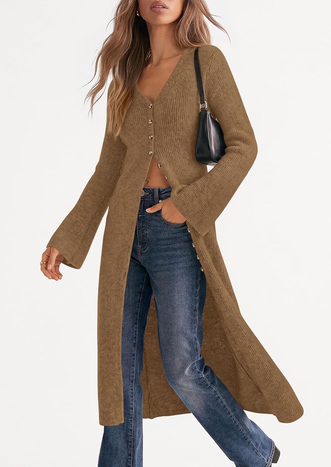 image:imagePRETTYGARDEN Women Long Cardigan Bell Sleeve Sweater DressDark Khaki