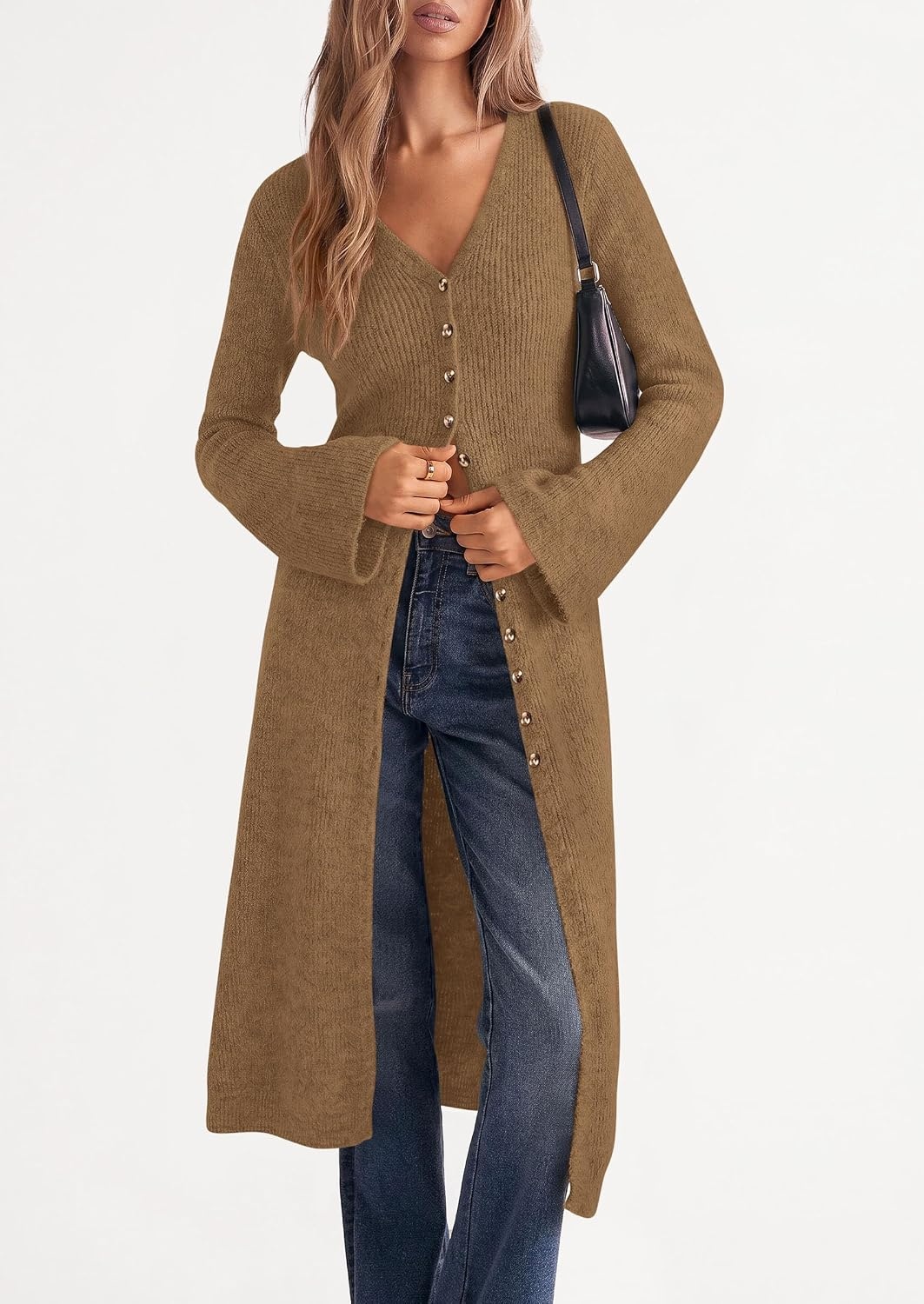 image:imagePRETTYGARDEN Women Long Cardigan Bell Sleeve Sweater DressDark Khaki