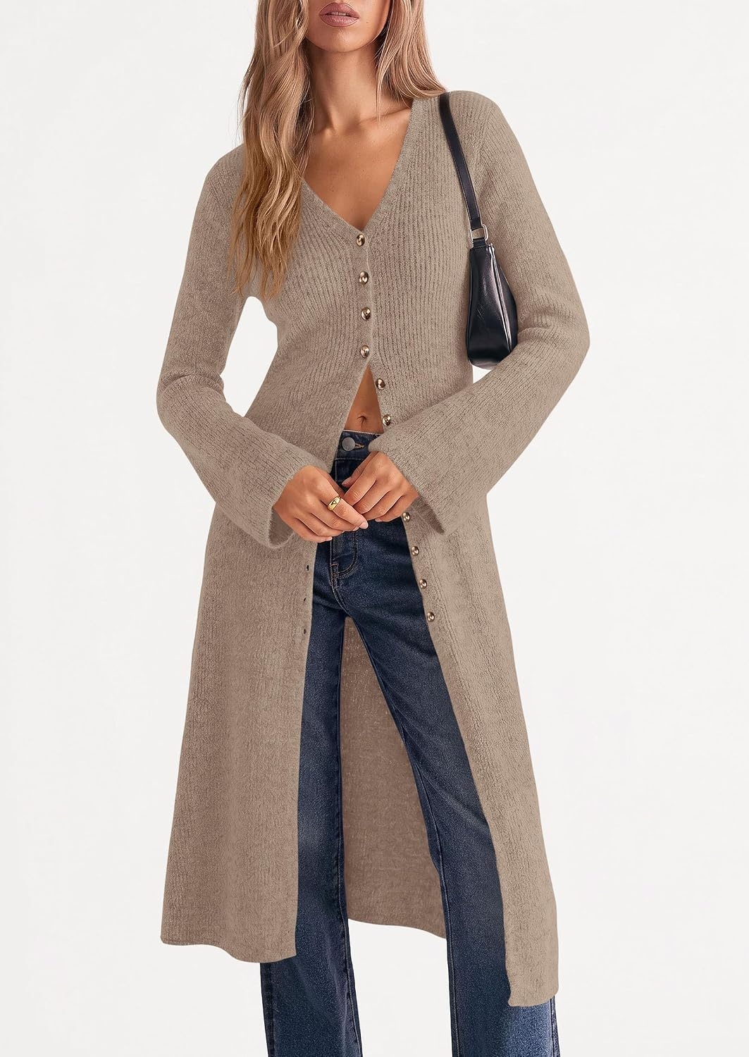 image:imagePRETTYGARDEN Women Long Cardigan Bell Sleeve Sweater DressKhaki