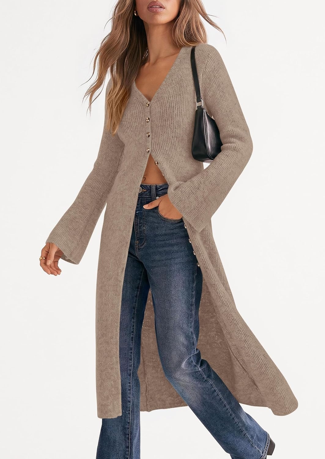 image:imagePRETTYGARDEN Women Long Cardigan Bell Sleeve Sweater DressKhaki