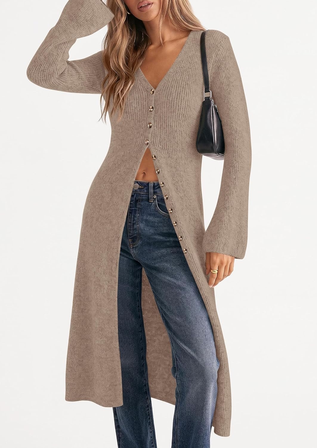 image:imagePRETTYGARDEN Women Long Cardigan Bell Sleeve Sweater DressKhaki