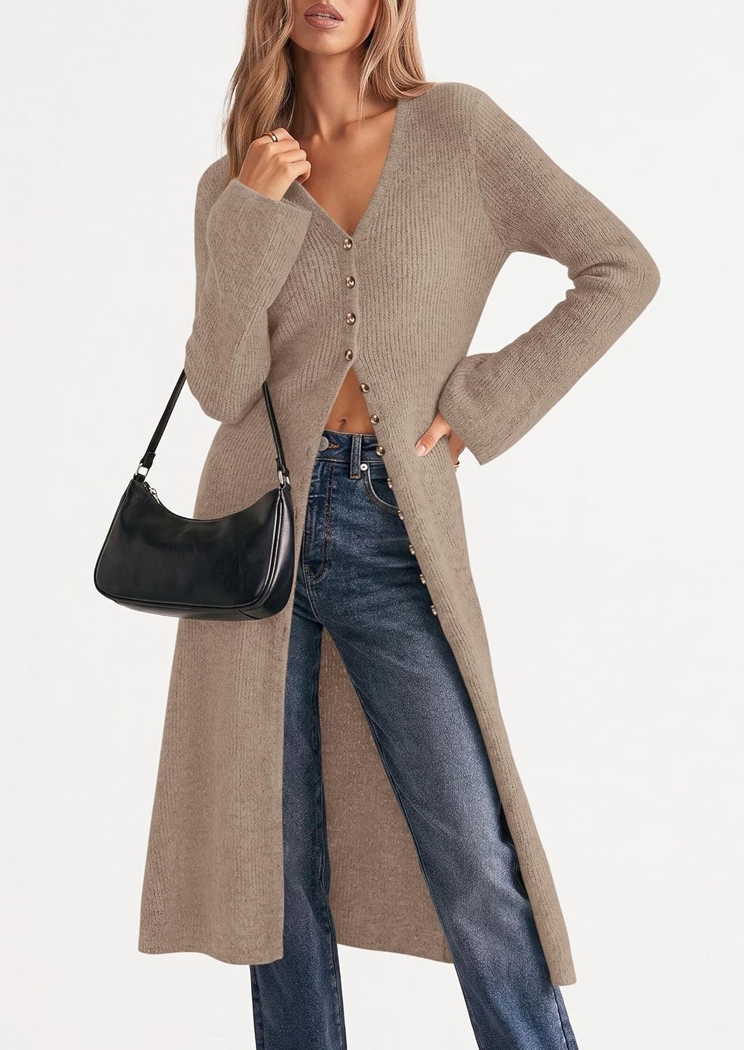 image:imagePRETTYGARDEN Women Long Cardigan Bell Sleeve Sweater DressKhaki