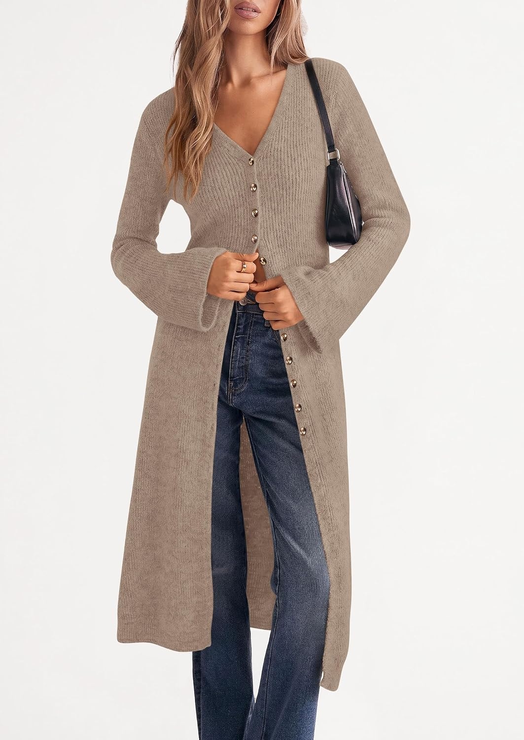 image:imagePRETTYGARDEN Women Long Cardigan Bell Sleeve Sweater DressKhaki