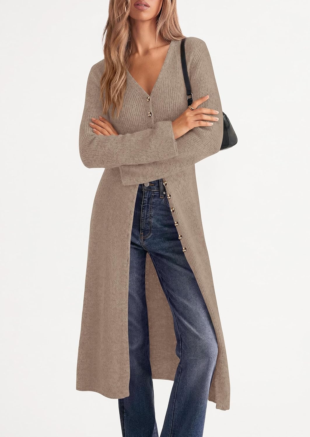 image:imagePRETTYGARDEN Women Long Cardigan Bell Sleeve Sweater DressKhaki