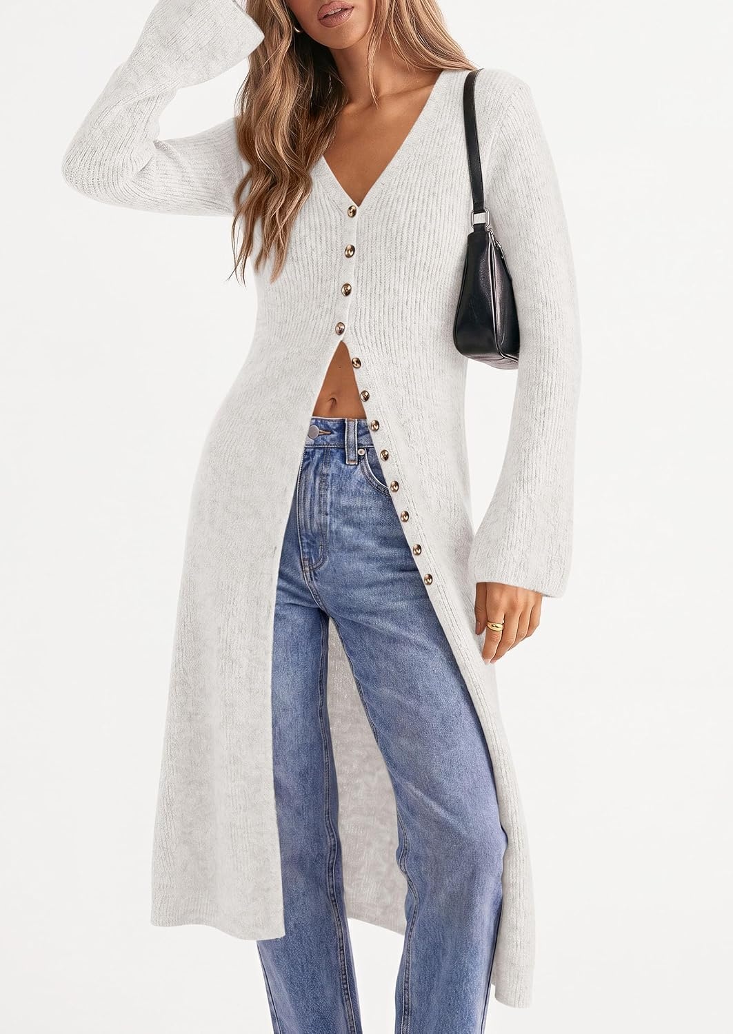 image:imagePRETTYGARDEN Women Long Cardigan Bell Sleeve Sweater DressWhite