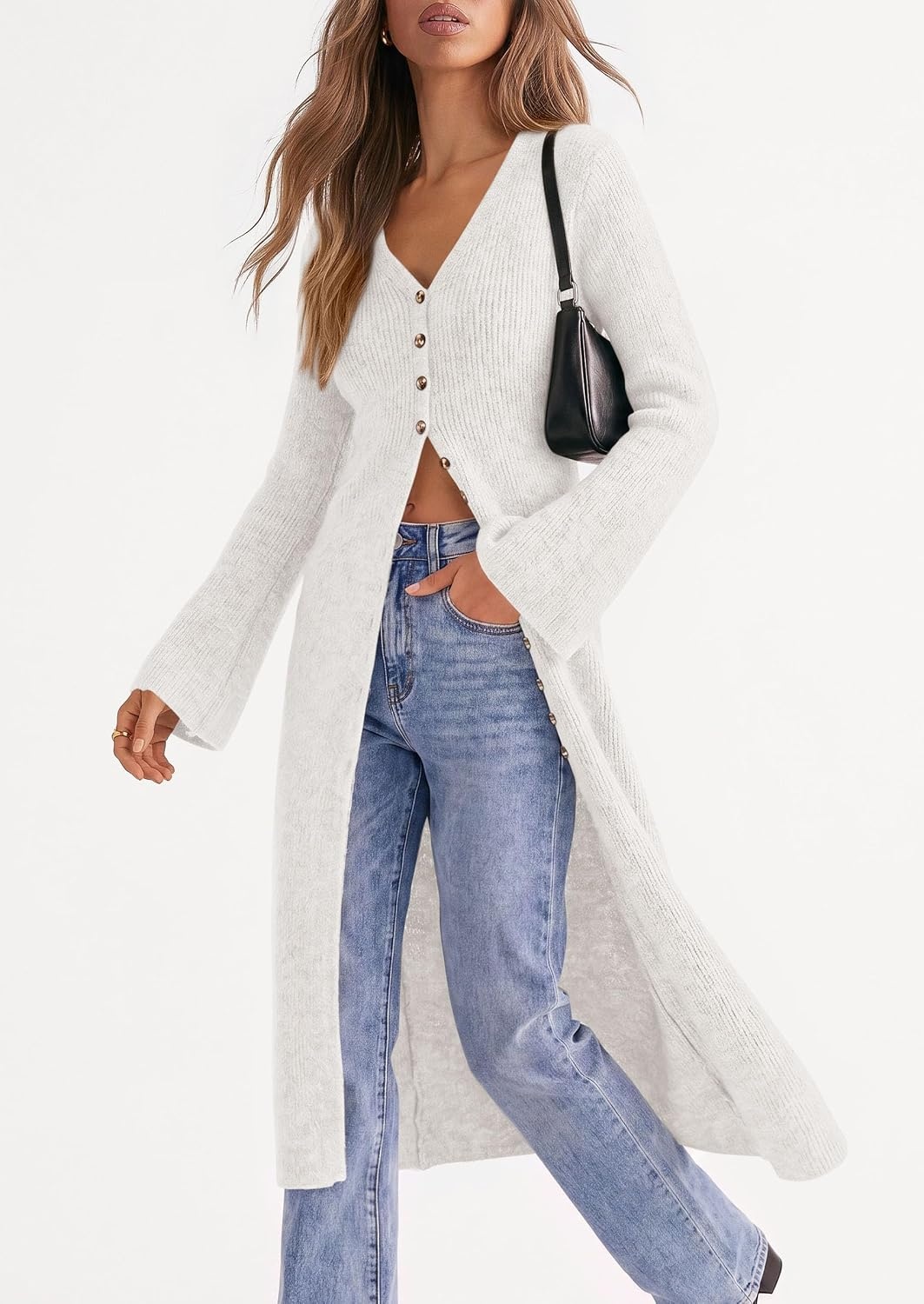 image:imagePRETTYGARDEN Women Long Cardigan Bell Sleeve Sweater DressWhite