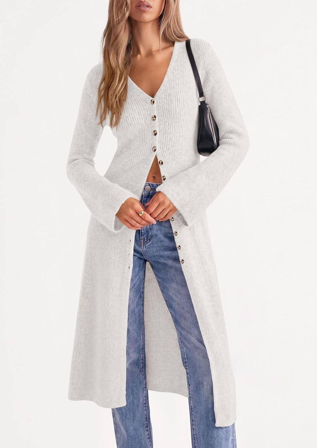 image:imagePRETTYGARDEN Women Long Cardigan Bell Sleeve Sweater DressWhite