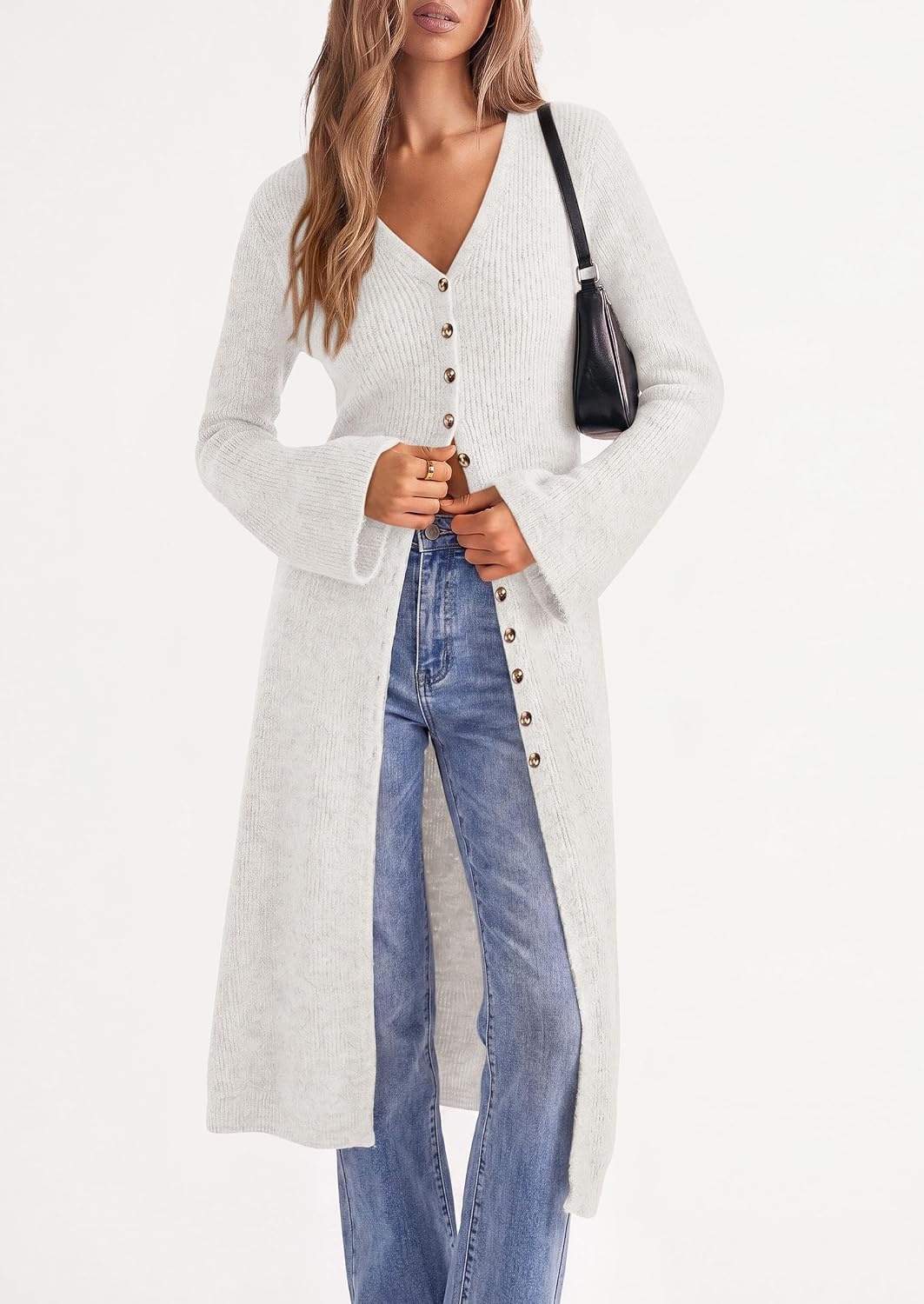 image:imagePRETTYGARDEN Women Long Cardigan Bell Sleeve Sweater DressWhite