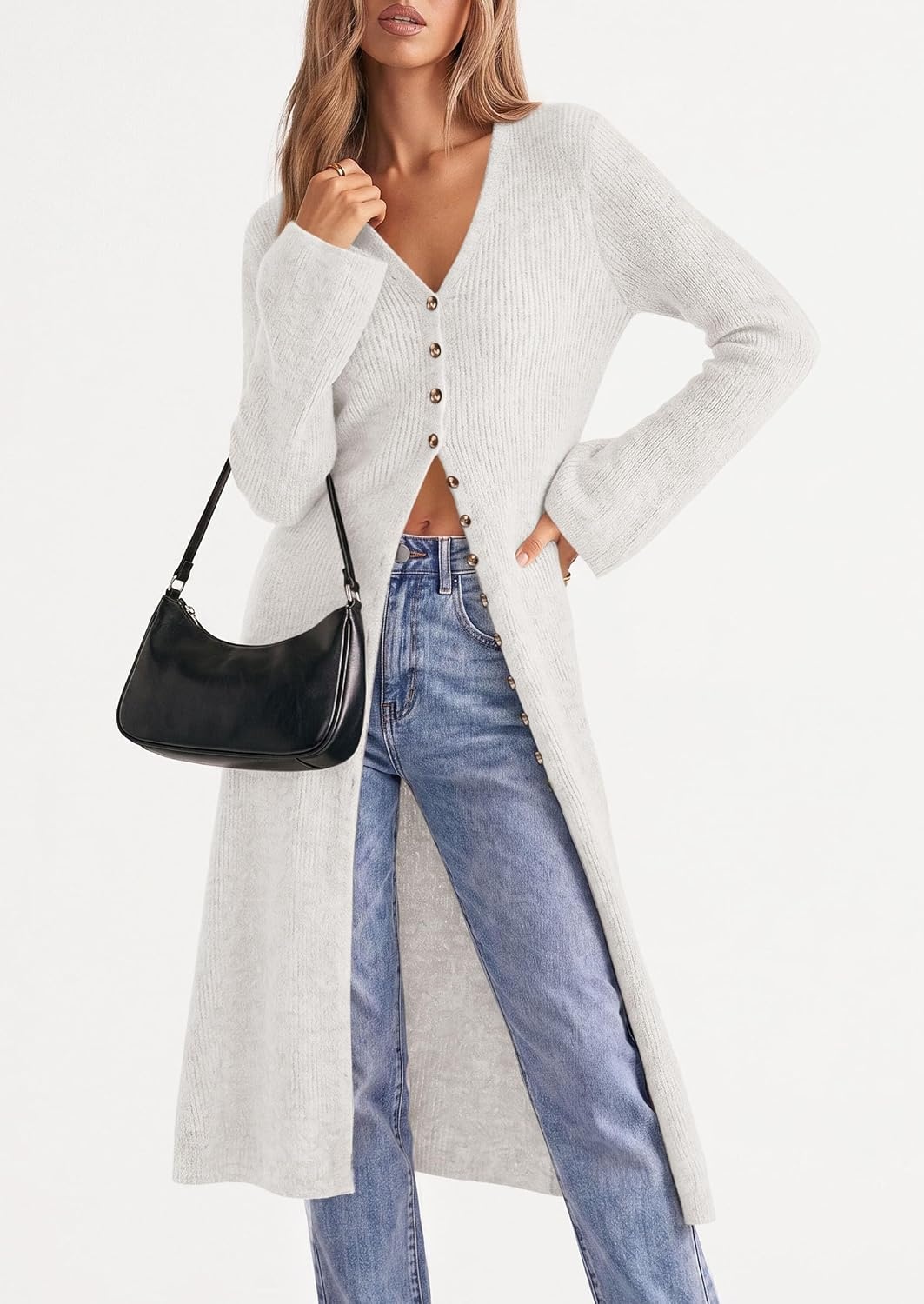 image:imagePRETTYGARDEN Women Long Cardigan Bell Sleeve Sweater DressWhite