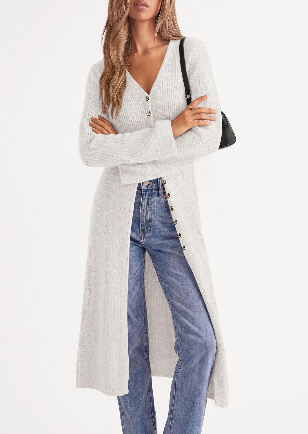 image:imagePRETTYGARDEN Women Long Cardigan Bell Sleeve Sweater DressWhite