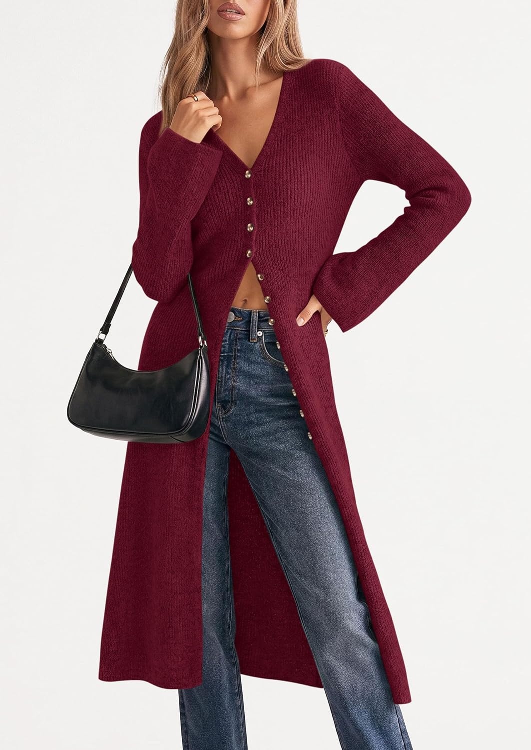 image:imagePRETTYGARDEN Women Long Cardigan Bell Sleeve Sweater DressWine Red