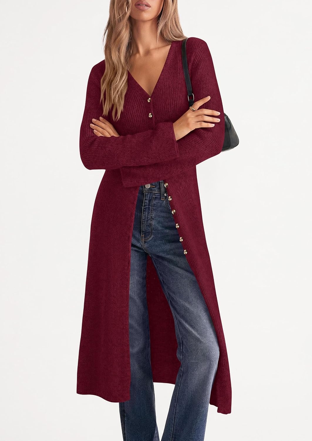 image:imagePRETTYGARDEN Women Long Cardigan Bell Sleeve Sweater DressWine Red