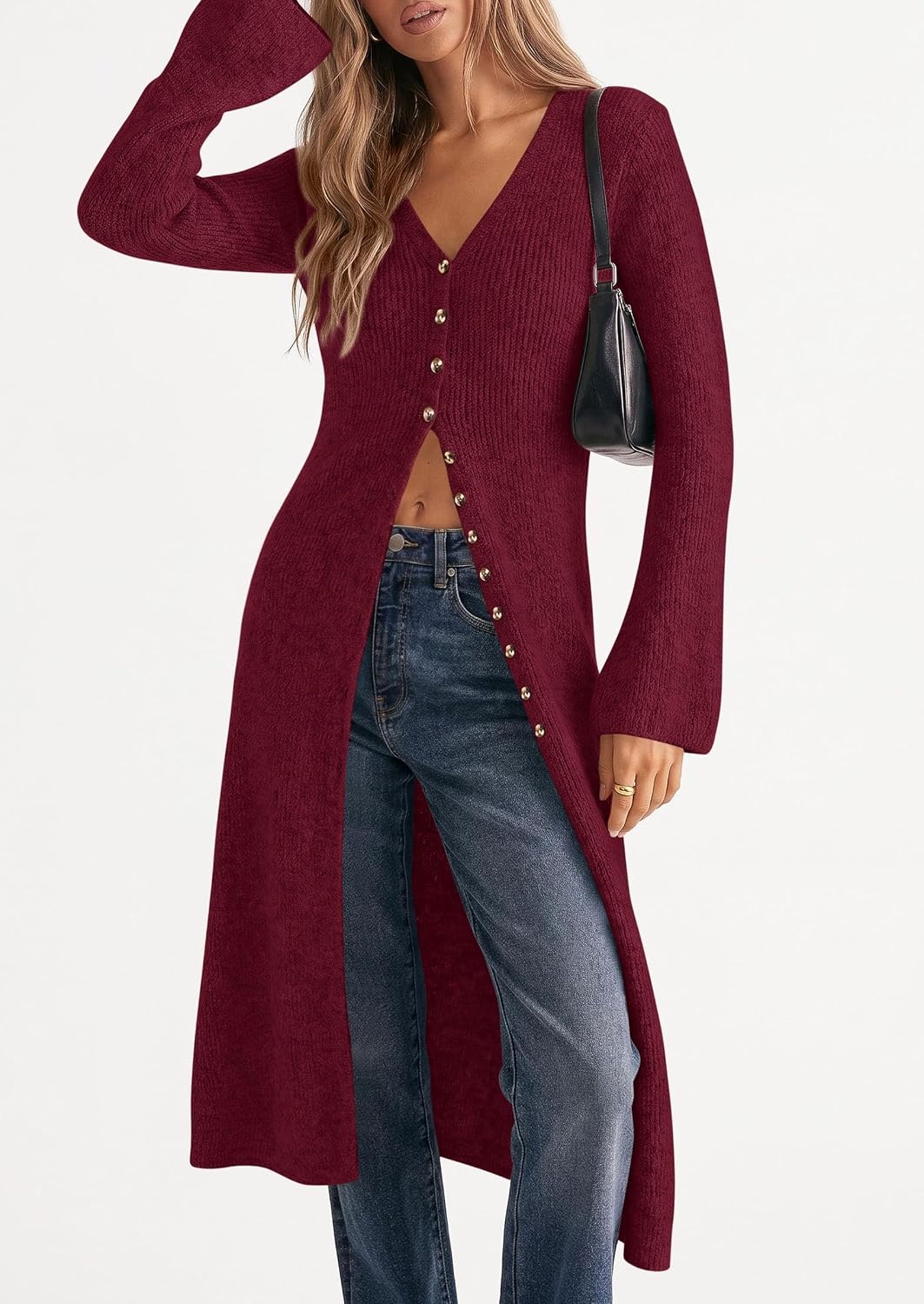 image:imagePRETTYGARDEN Women Long Cardigan Bell Sleeve Sweater DressWine Red