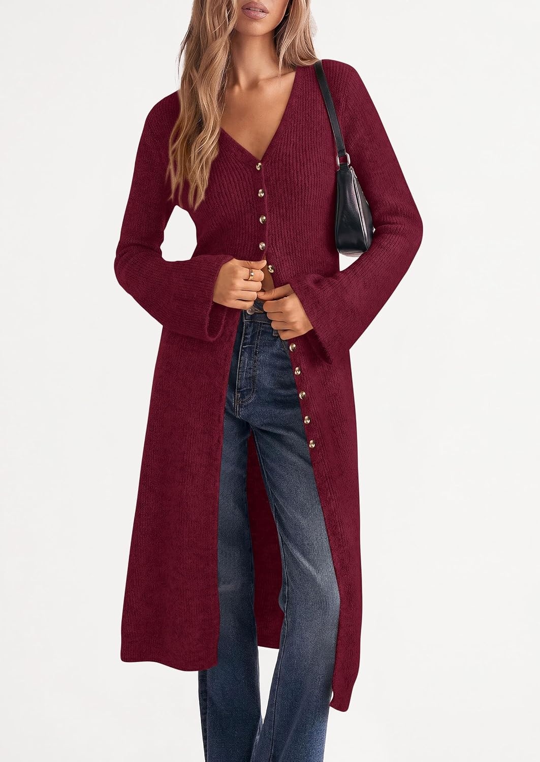 image:imagePRETTYGARDEN Women Long Cardigan Bell Sleeve Sweater DressWine Red
