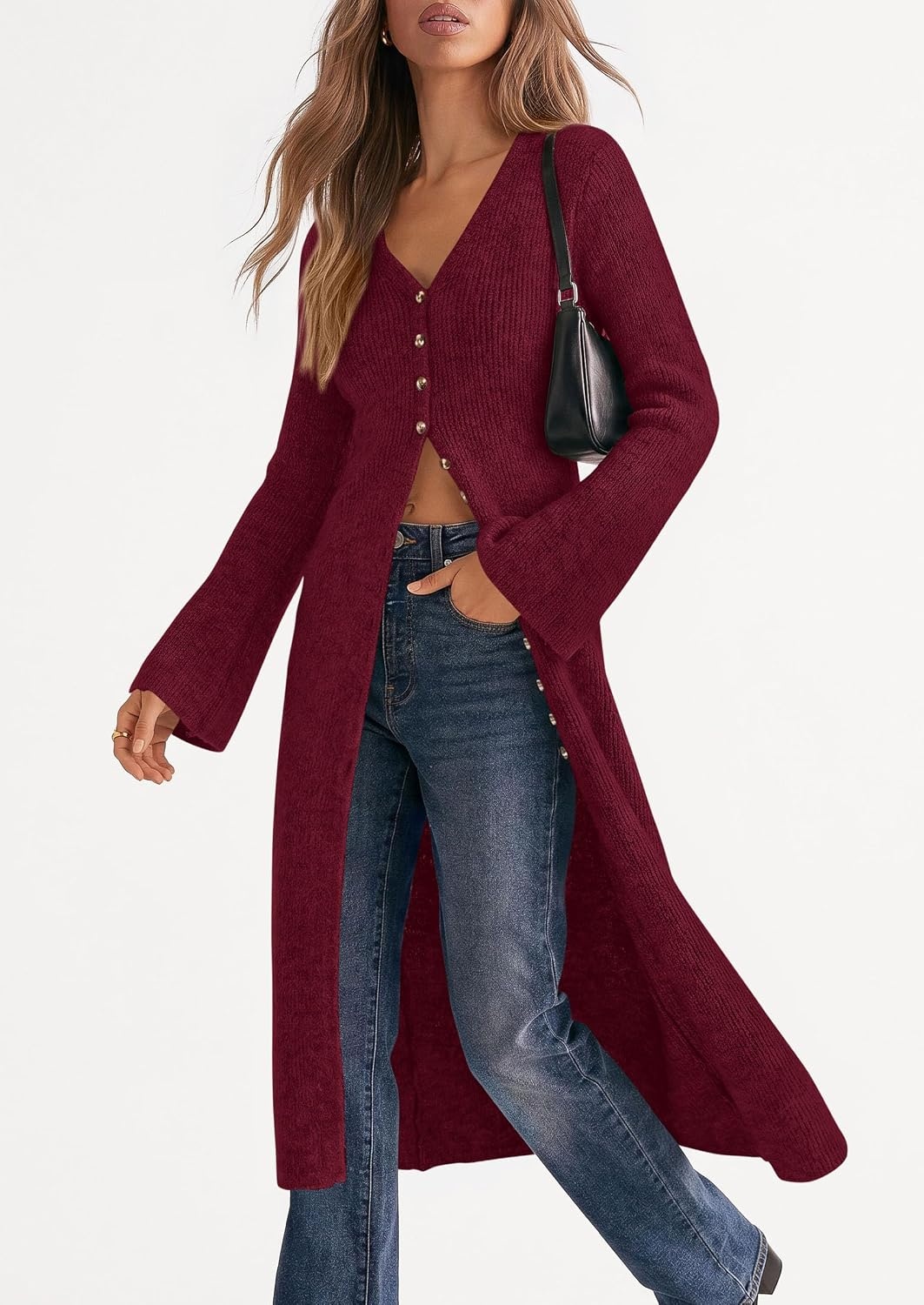 image:imagePRETTYGARDEN Women Long Cardigan Bell Sleeve Sweater DressWine Red