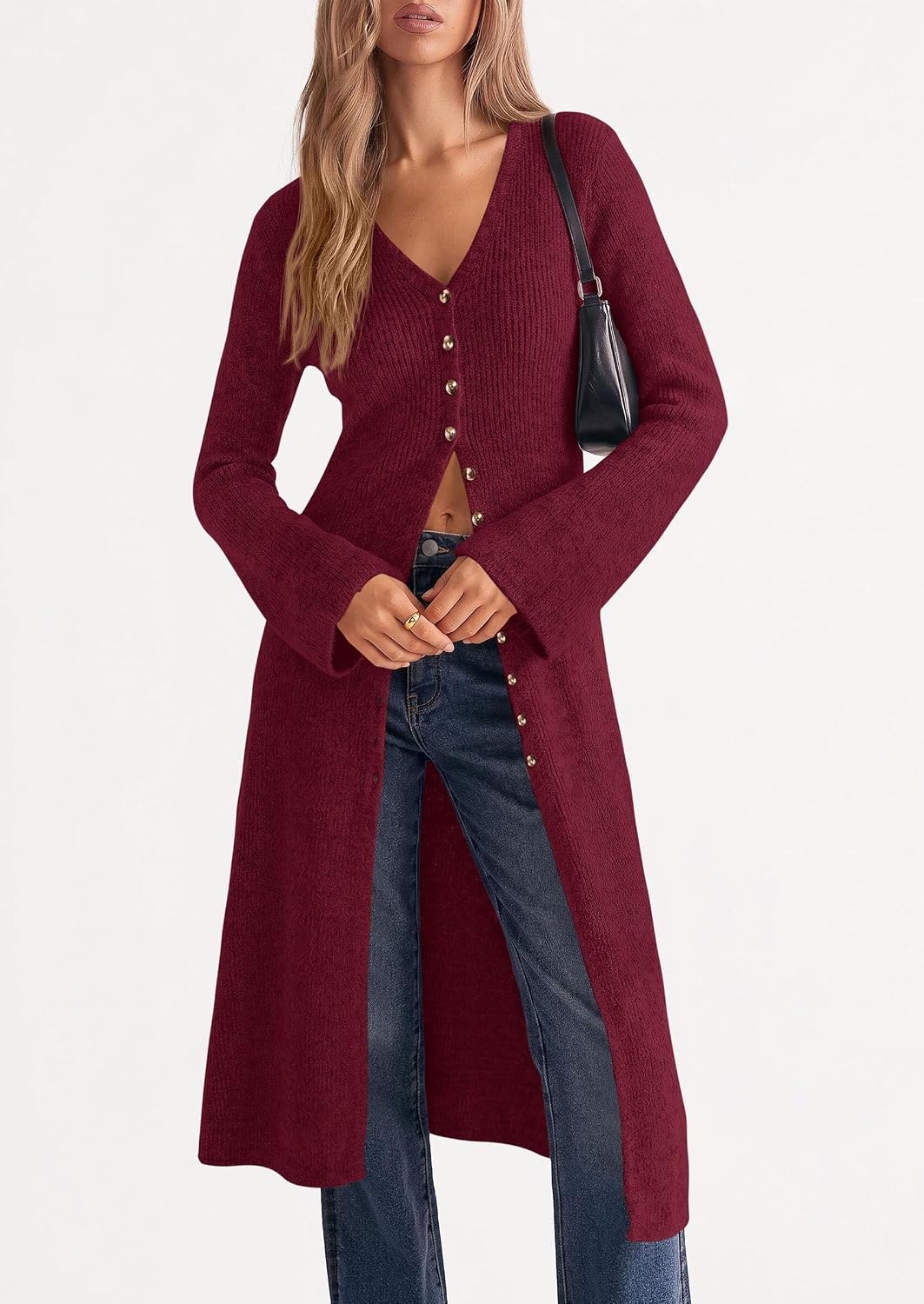 image:imagePRETTYGARDEN Women Long Cardigan Bell Sleeve Sweater DressWine Red