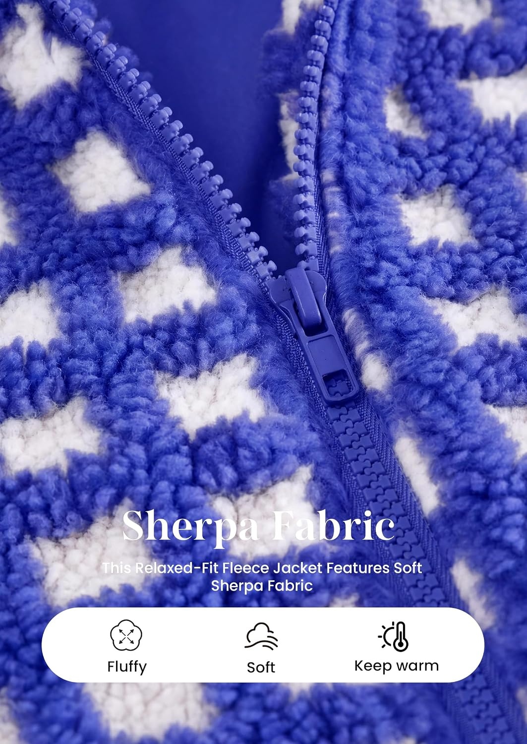 image:imagePRETTYGARDEN Womens Gingham Sherpa Fleece Jacket Plaid Cropped Teddy CoatPlaid Blue White