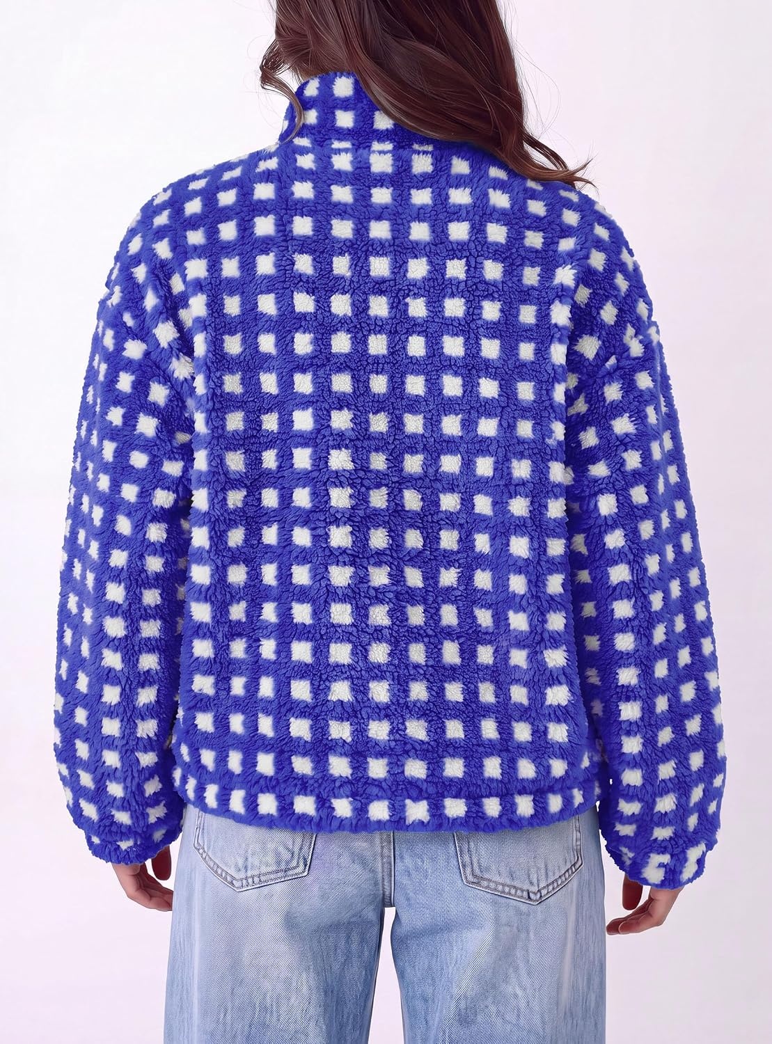 image:imagePRETTYGARDEN Womens Gingham Sherpa Fleece Jacket Plaid Cropped Teddy CoatPlaid Blue White