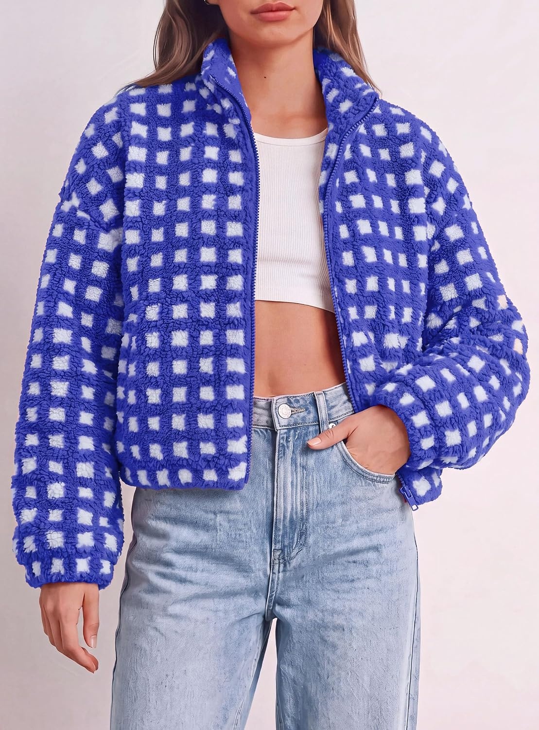 image:imagePRETTYGARDEN Womens Gingham Sherpa Fleece Jacket Plaid Cropped Teddy CoatPlaid Blue White