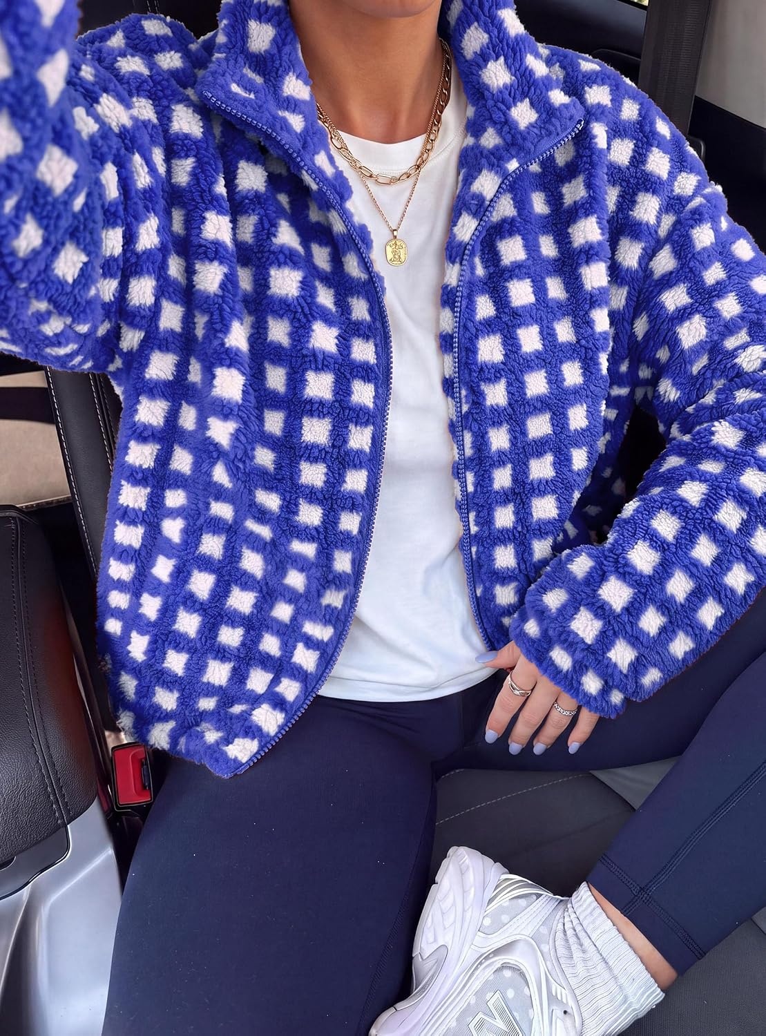 image:imagePRETTYGARDEN Womens Gingham Sherpa Fleece Jacket Plaid Cropped Teddy CoatPlaid Blue White