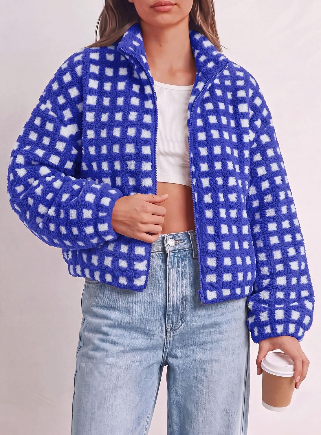 image:imagePRETTYGARDEN Womens Gingham Sherpa Fleece Jacket Plaid Cropped Teddy CoatPlaid Blue White