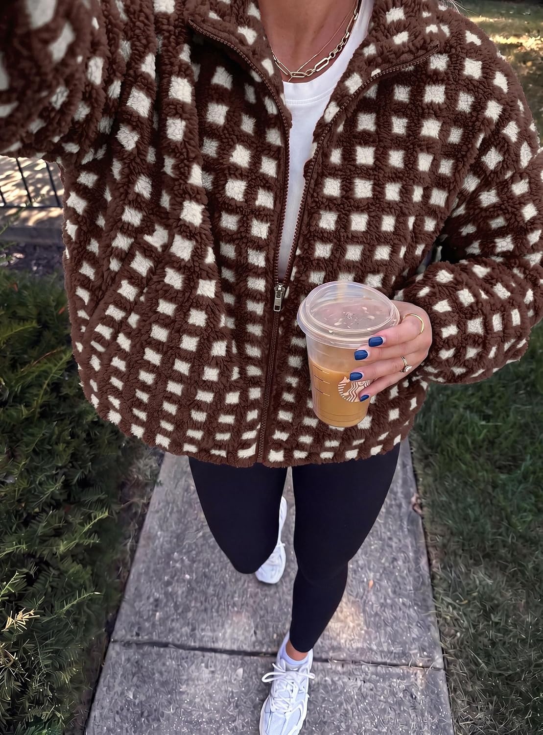 image:imagePRETTYGARDEN Womens Gingham Sherpa Fleece Jacket Plaid Cropped Teddy CoatPlaid Brown White
