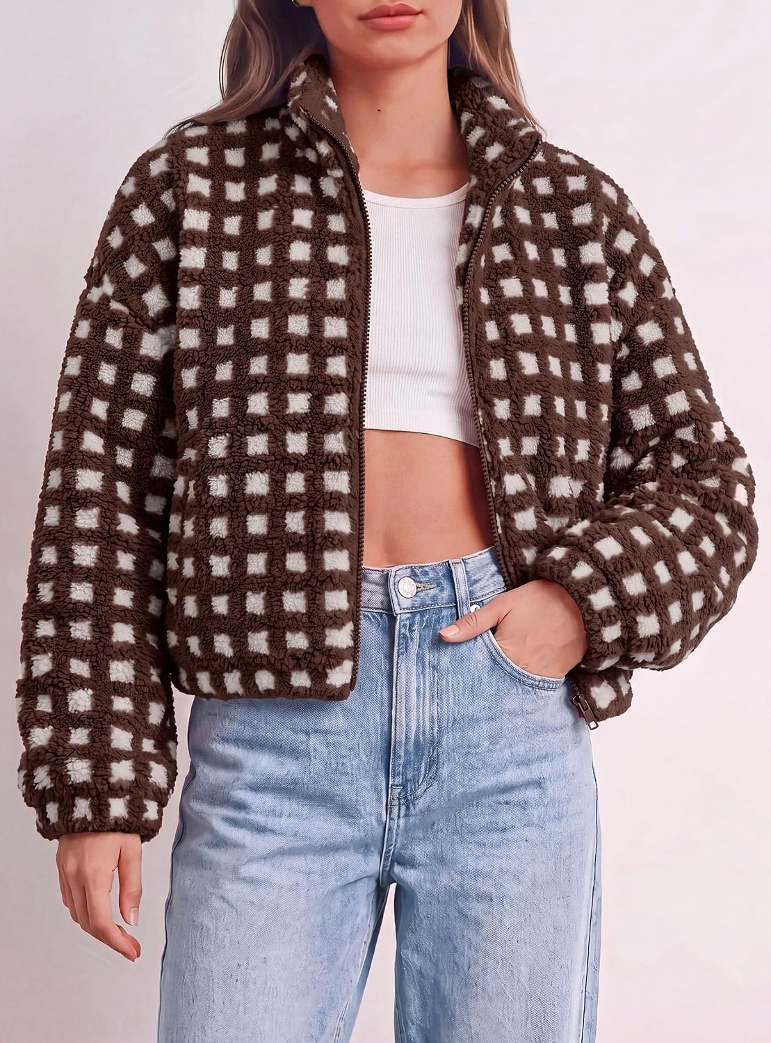 image:imagePRETTYGARDEN Womens Gingham Sherpa Fleece Jacket Plaid Cropped Teddy CoatPlaid Brown White