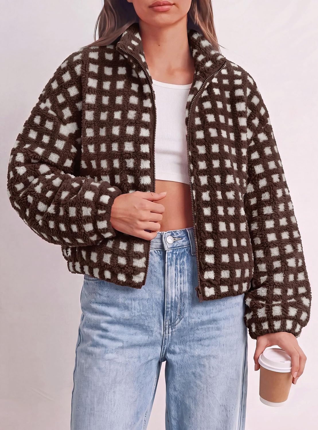 image:imagePRETTYGARDEN Womens Gingham Sherpa Fleece Jacket Plaid Cropped Teddy CoatPlaid Brown White