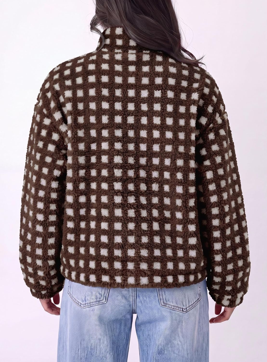 image:imagePRETTYGARDEN Womens Gingham Sherpa Fleece Jacket Plaid Cropped Teddy CoatPlaid Brown White
