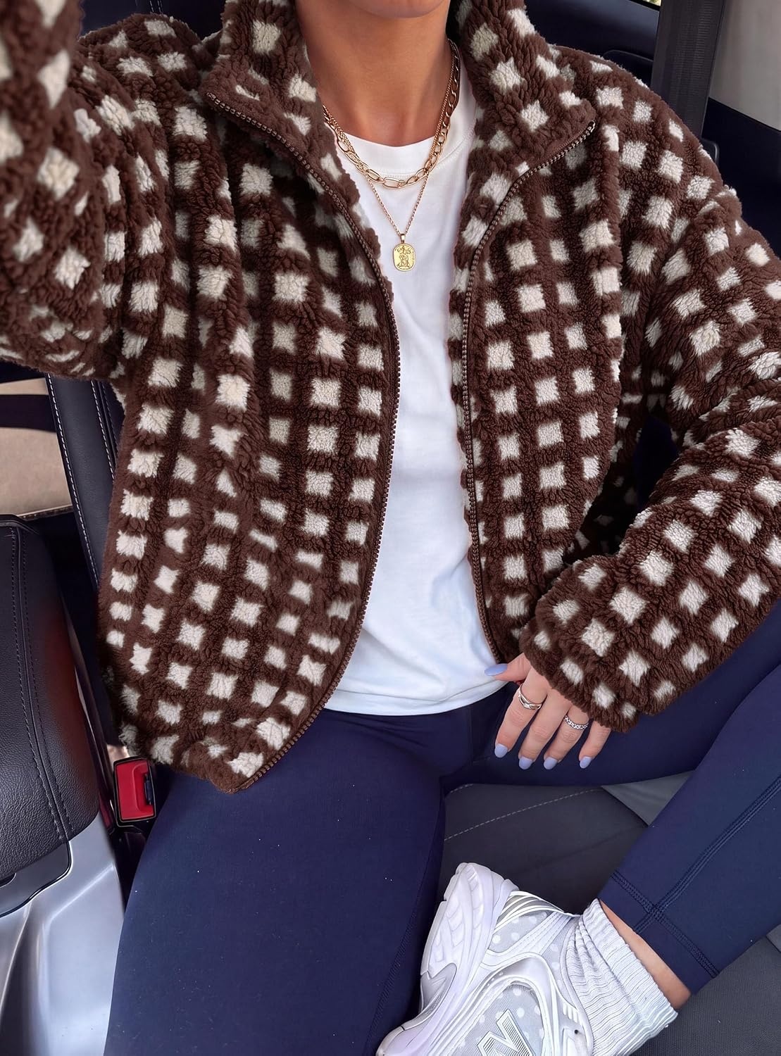 image:imagePRETTYGARDEN Womens Gingham Sherpa Fleece Jacket Plaid Cropped Teddy CoatPlaid Brown White
