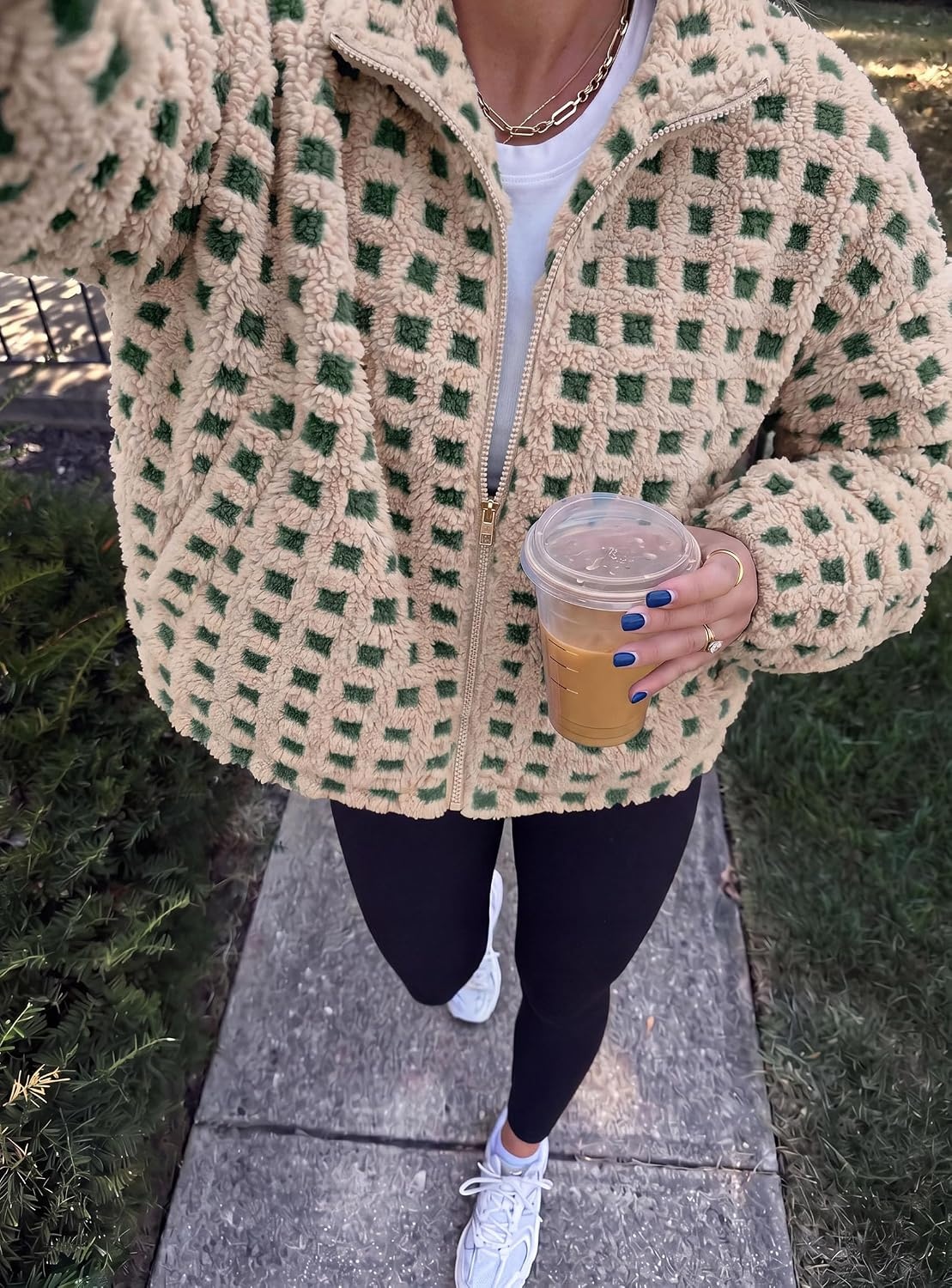 image:imagePRETTYGARDEN Womens Gingham Sherpa Fleece Jacket Plaid Cropped Teddy CoatPlaid Khaki Green