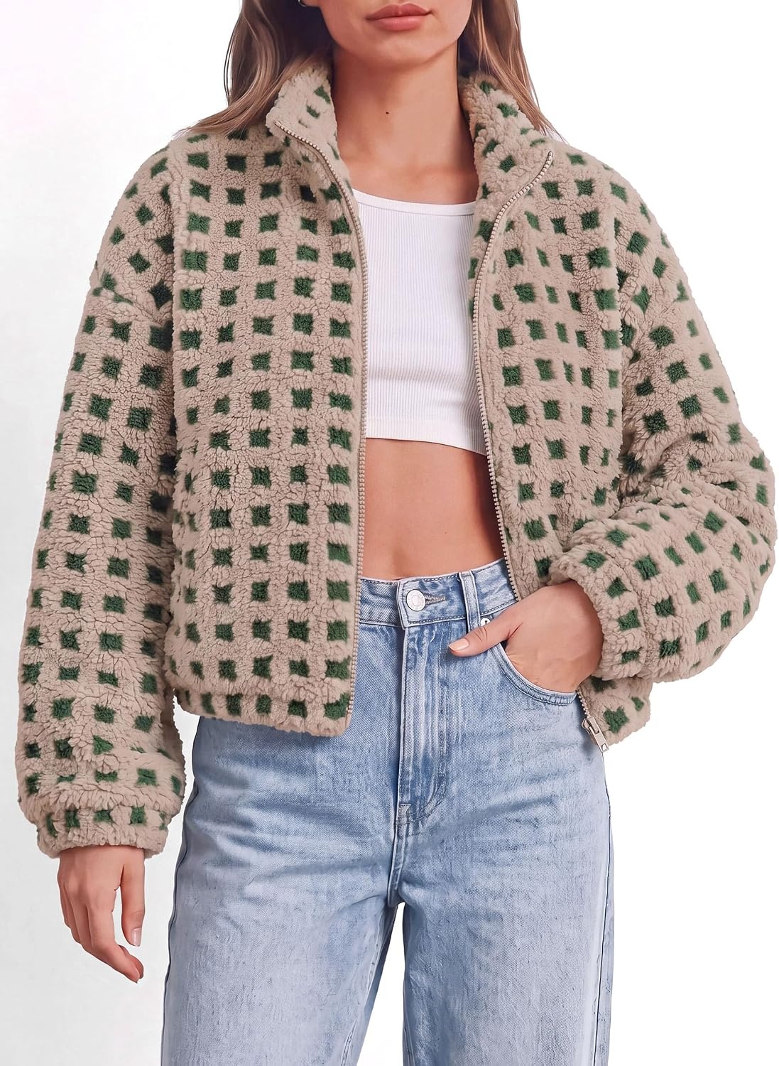 image:imagePRETTYGARDEN Womens Gingham Sherpa Fleece Jacket Plaid Cropped Teddy CoatPlaid Khaki Green