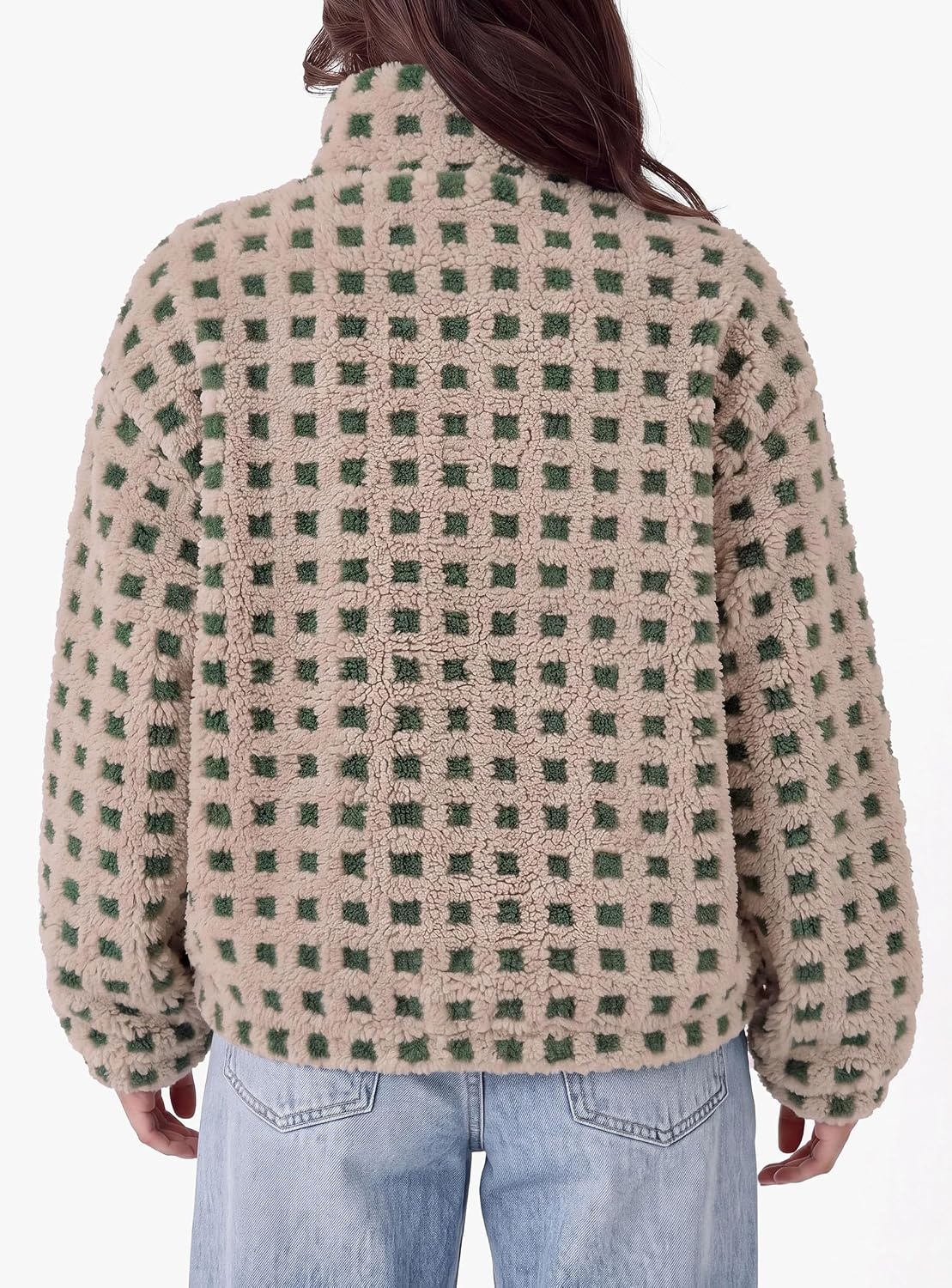 image:imagePRETTYGARDEN Womens Gingham Sherpa Fleece Jacket Plaid Cropped Teddy CoatPlaid Khaki Green