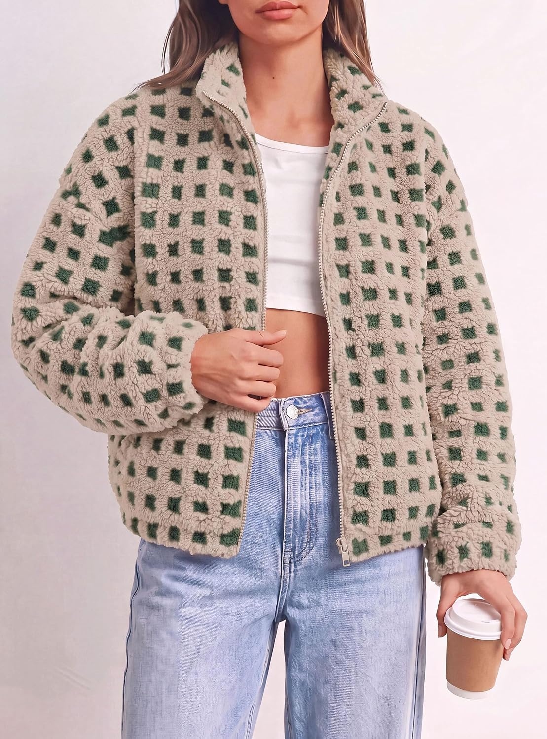 image:imagePRETTYGARDEN Womens Gingham Sherpa Fleece Jacket Plaid Cropped Teddy CoatPlaid Khaki Green