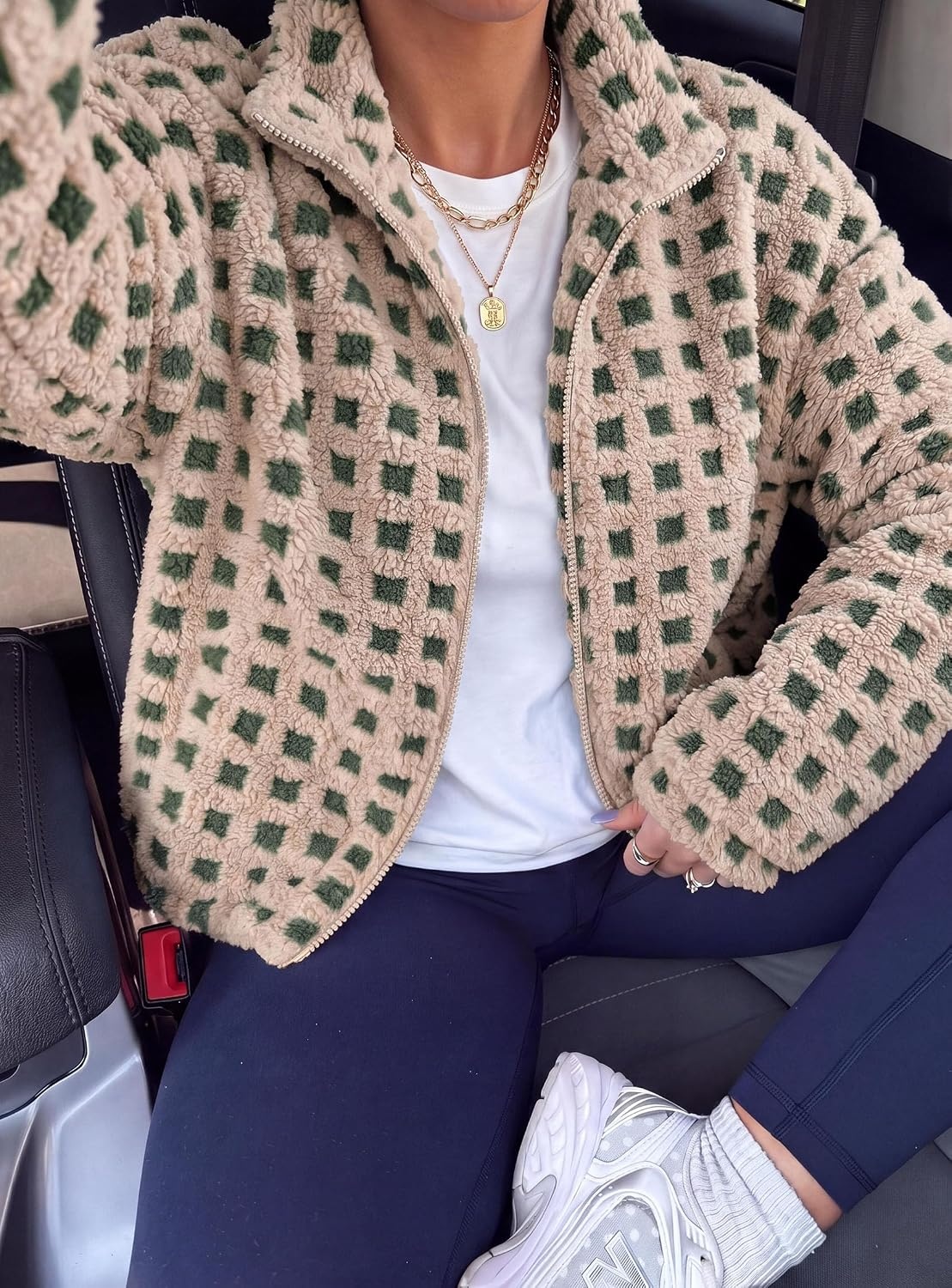 image:imagePRETTYGARDEN Womens Gingham Sherpa Fleece Jacket Plaid Cropped Teddy CoatPlaid Khaki Green
