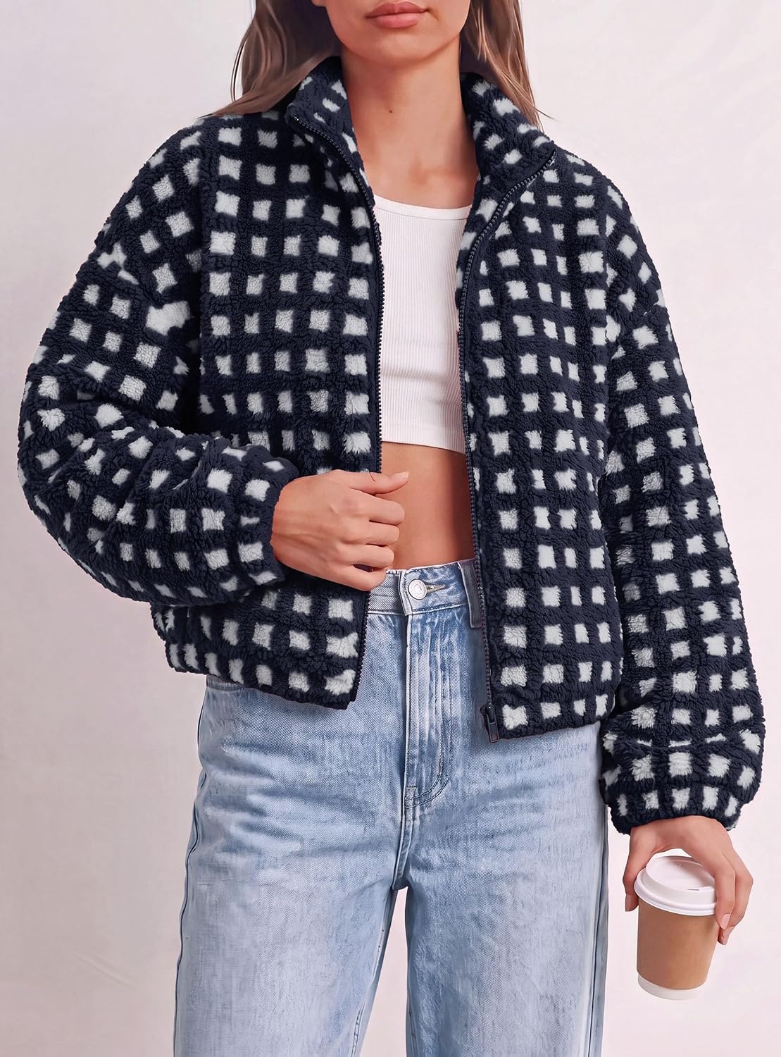 image:imagePRETTYGARDEN Womens Gingham Sherpa Fleece Jacket Plaid Cropped Teddy CoatPlaid Navy White