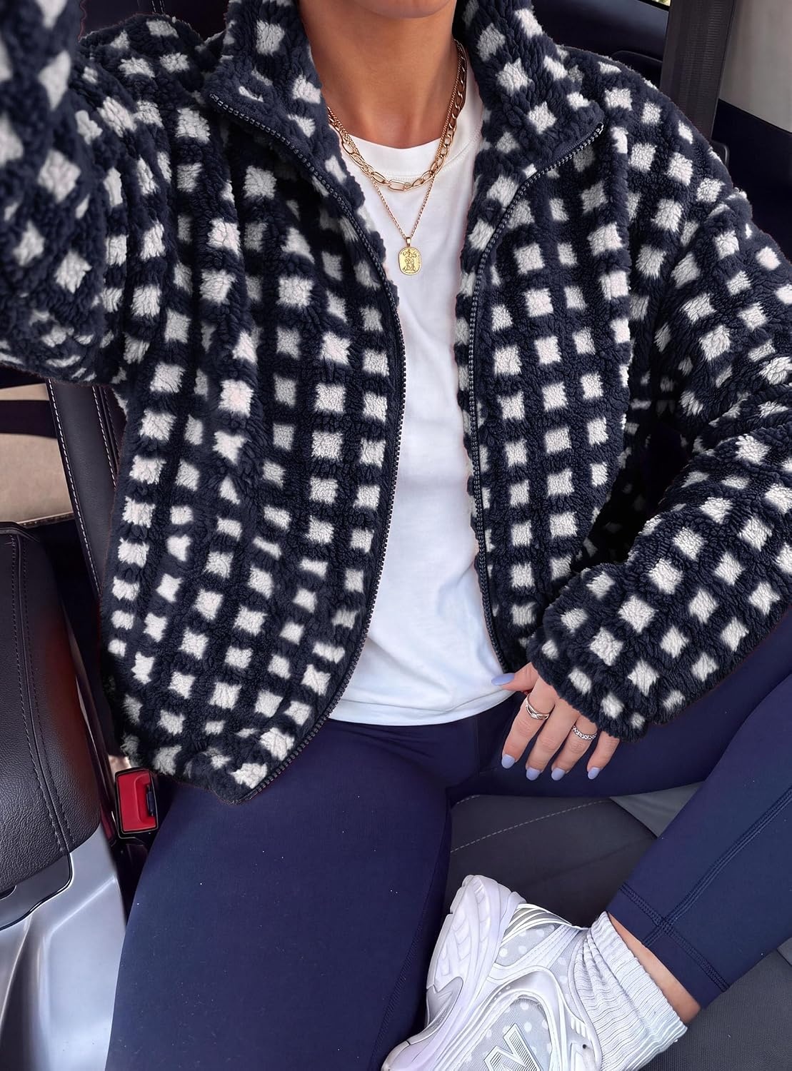 image:imagePRETTYGARDEN Womens Gingham Sherpa Fleece Jacket Plaid Cropped Teddy CoatPlaid Navy White