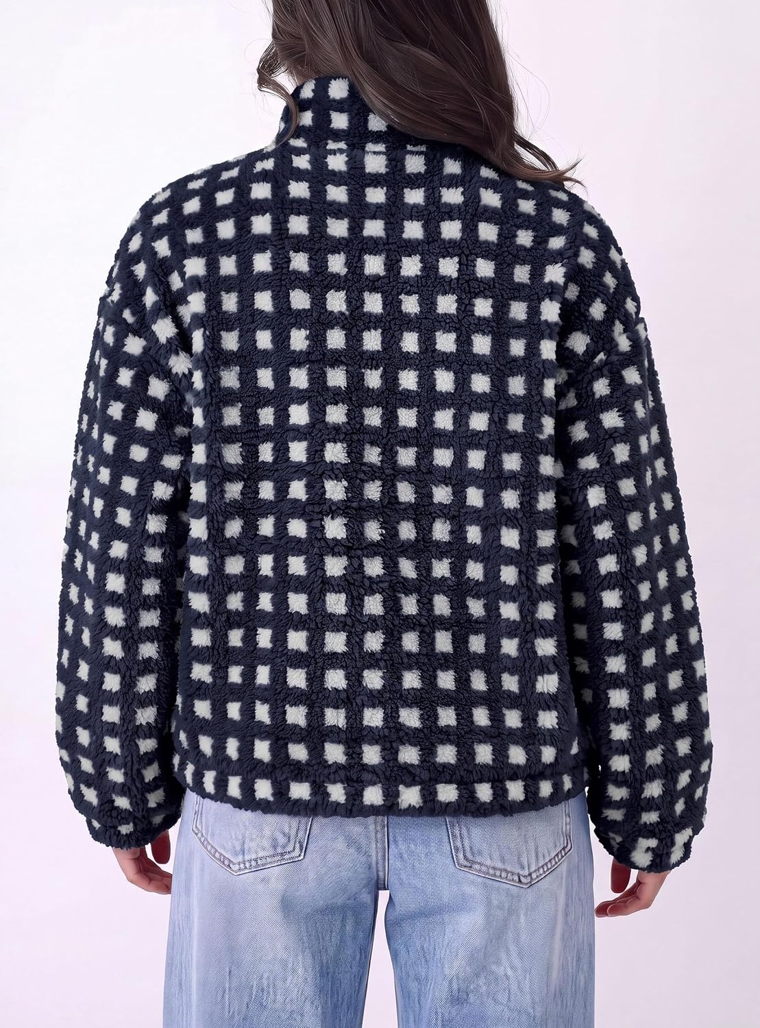 image:imagePRETTYGARDEN Womens Gingham Sherpa Fleece Jacket Plaid Cropped Teddy CoatPlaid Navy White