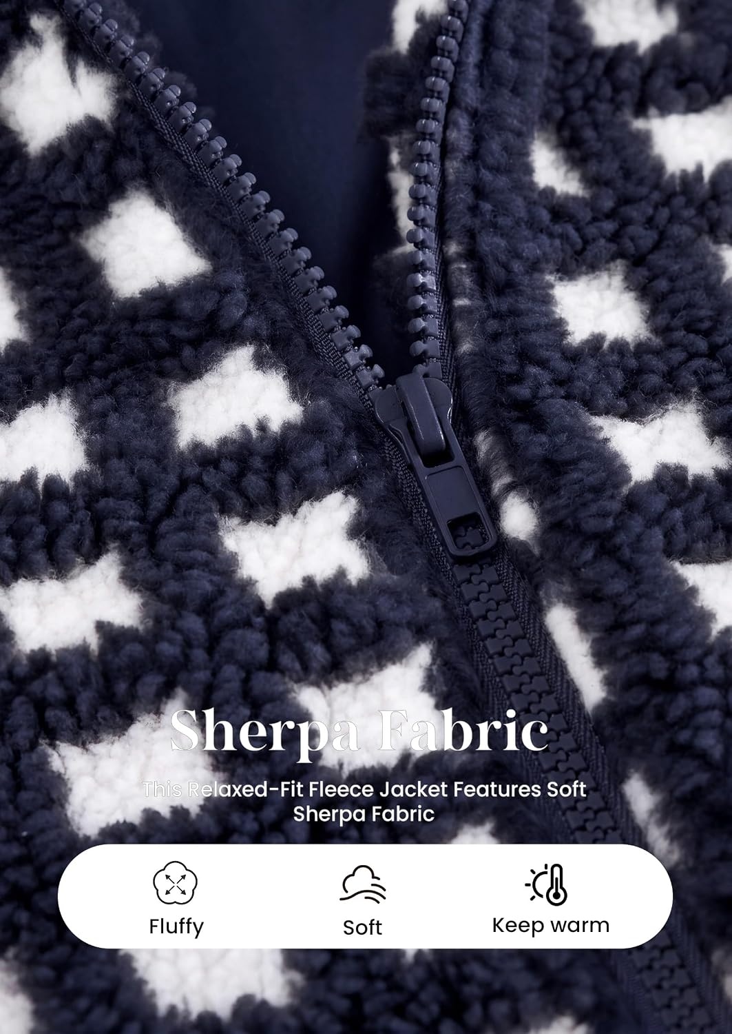 image:imagePRETTYGARDEN Womens Gingham Sherpa Fleece Jacket Plaid Cropped Teddy CoatPlaid Navy White