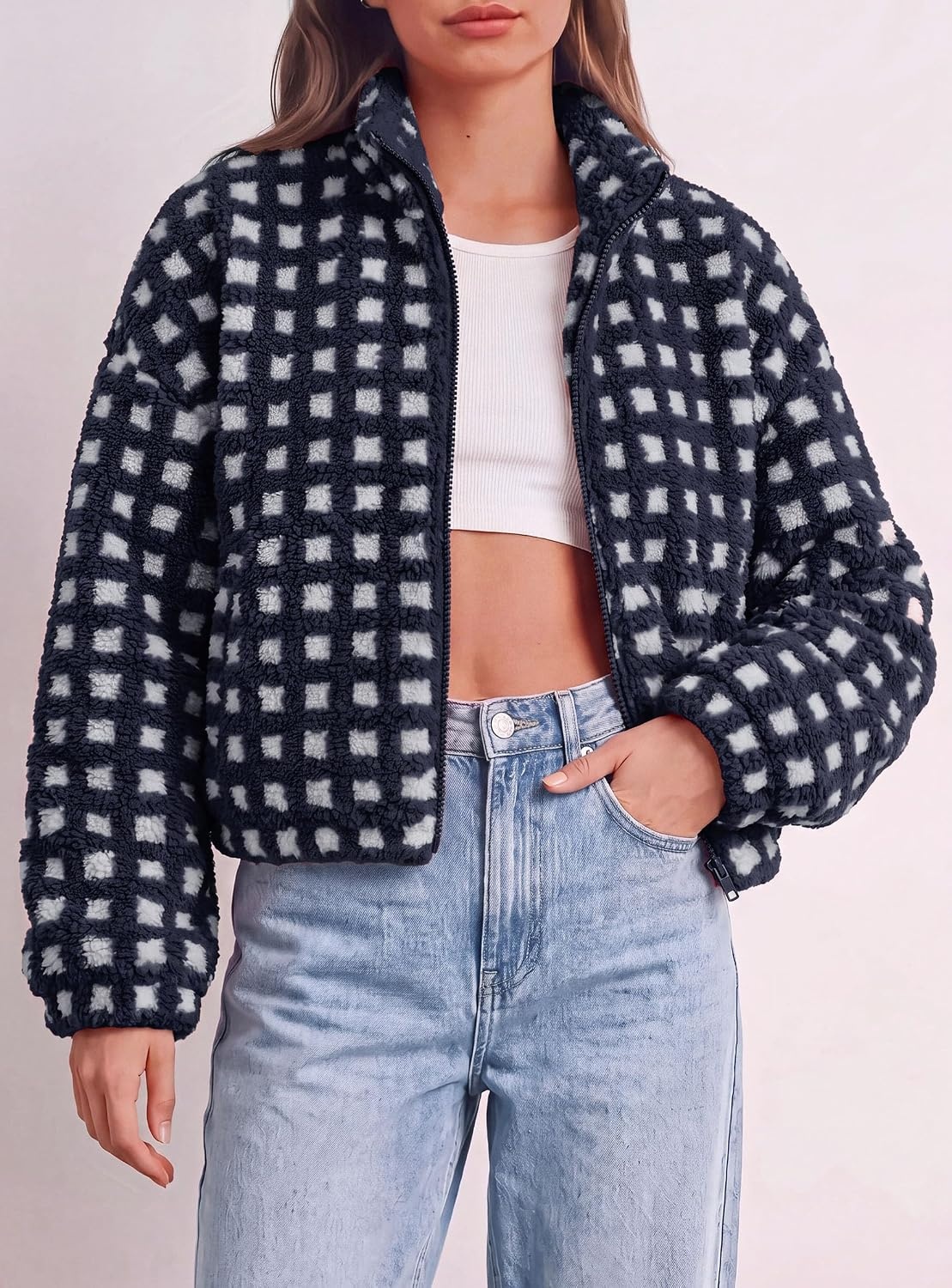 image:imagePRETTYGARDEN Womens Gingham Sherpa Fleece Jacket Plaid Cropped Teddy CoatPlaid Navy White