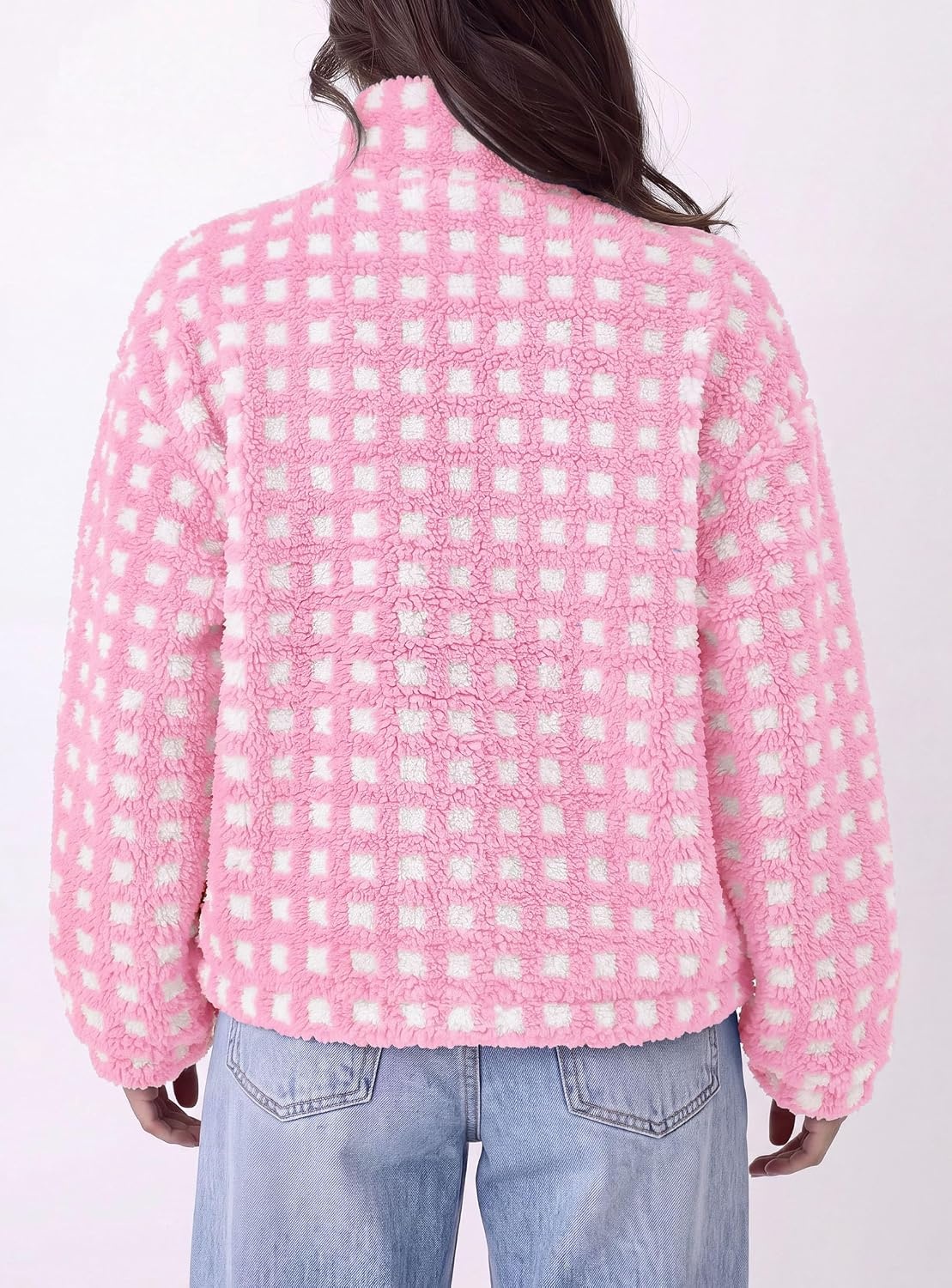 image:imagePRETTYGARDEN Womens Gingham Sherpa Fleece Jacket Plaid Cropped Teddy CoatPlaid Pink White