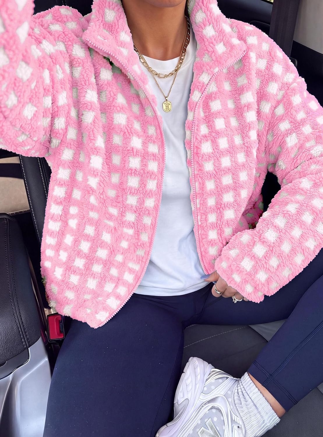 image:imagePRETTYGARDEN Womens Gingham Sherpa Fleece Jacket Plaid Cropped Teddy CoatPlaid Pink White