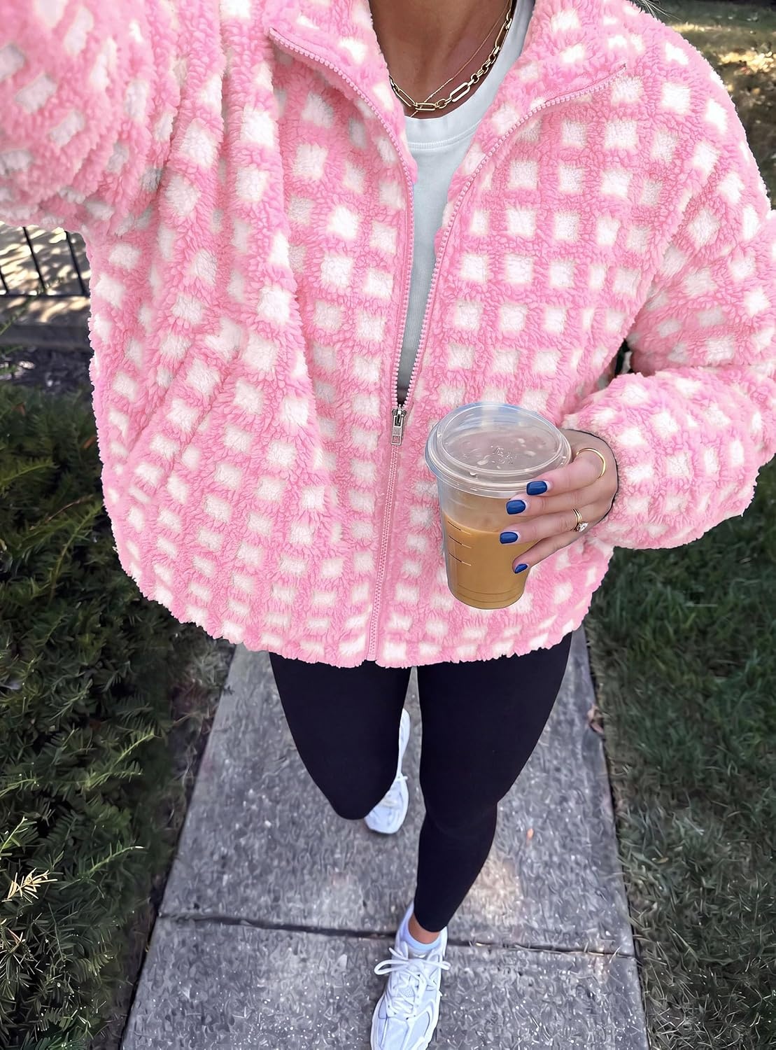 image:imagePRETTYGARDEN Womens Gingham Sherpa Fleece Jacket Plaid Cropped Teddy CoatPlaid Pink White