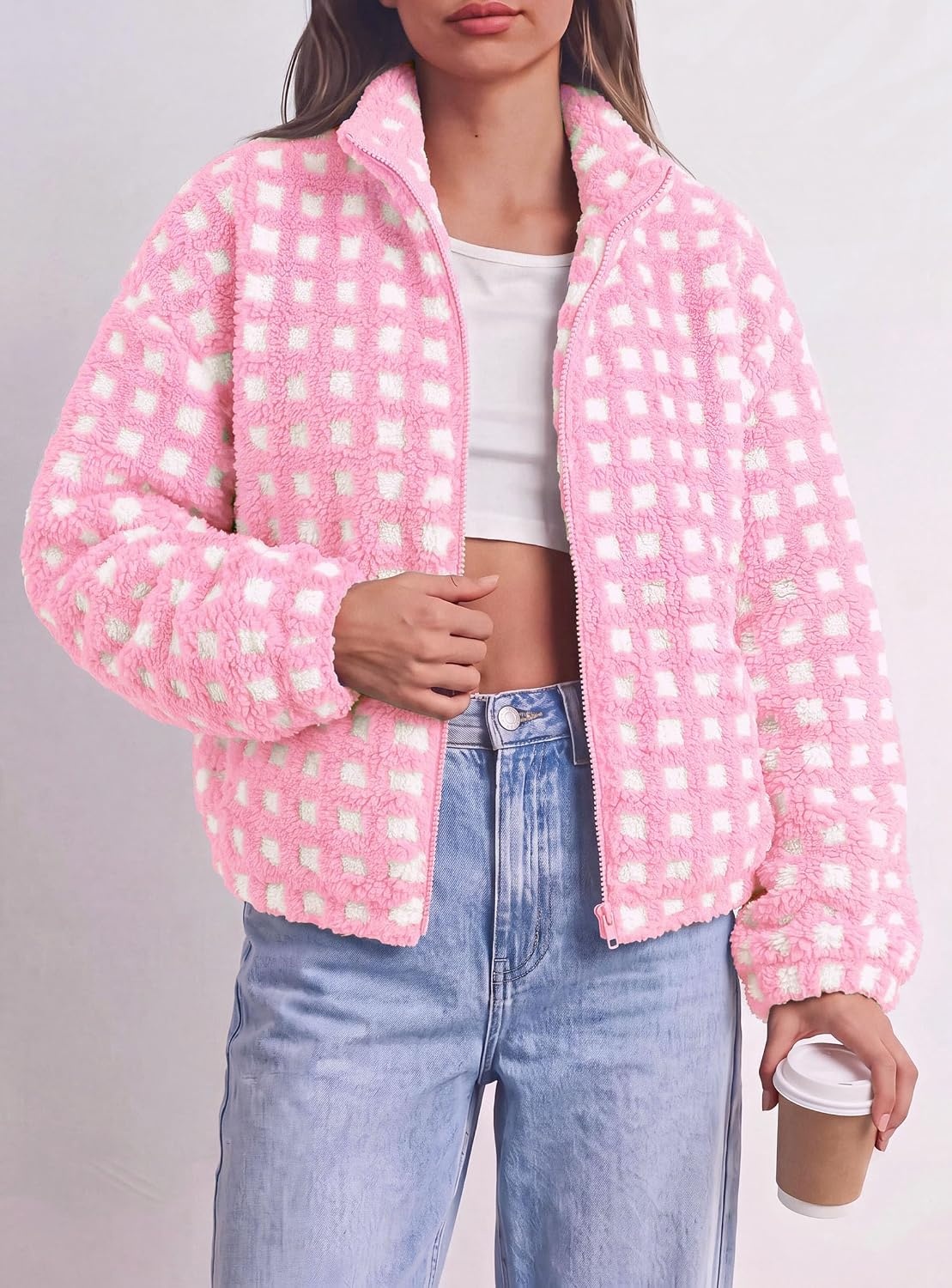 image:imagePRETTYGARDEN Womens Gingham Sherpa Fleece Jacket Plaid Cropped Teddy CoatPlaid Pink White